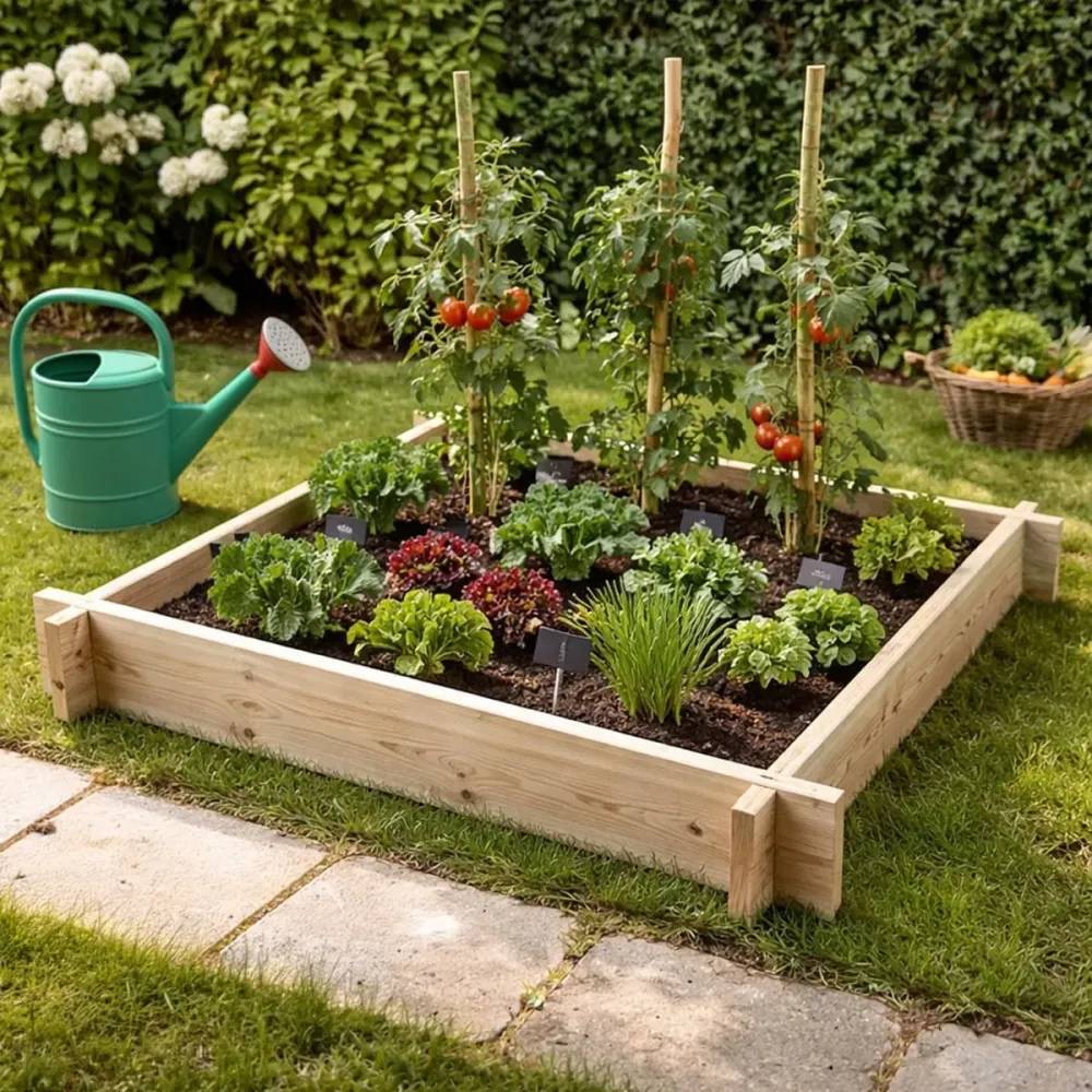 Carré potager en bois de sapin 80x80x10 cm avec géotextile - Montage facile - Image 1