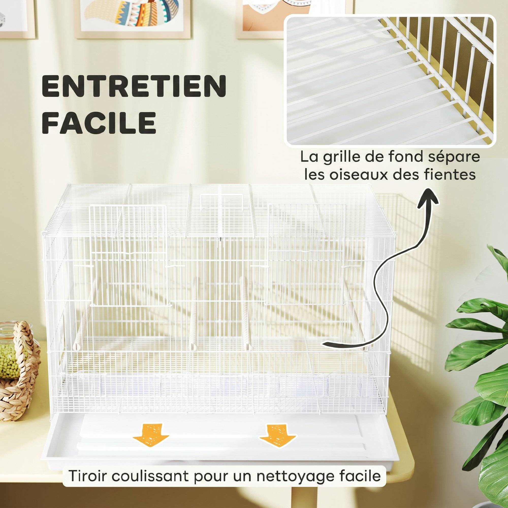 Cage à Oiseaux Volière Intérieur Acier avec Séparateur, 4 Perchoirs, Plateau Coulissant, 4 Mangeoires, 76x46x46cm, Blanc - Image 9