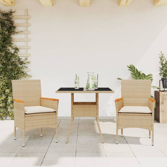 ComfortXL - Set Bistrot de Jardin 2 Personnes Table en Verre Résine Tressée Beige avec Coussins Crème pour Balcon Beige 80cm – ComfortXL Outdoor Living - Image 1