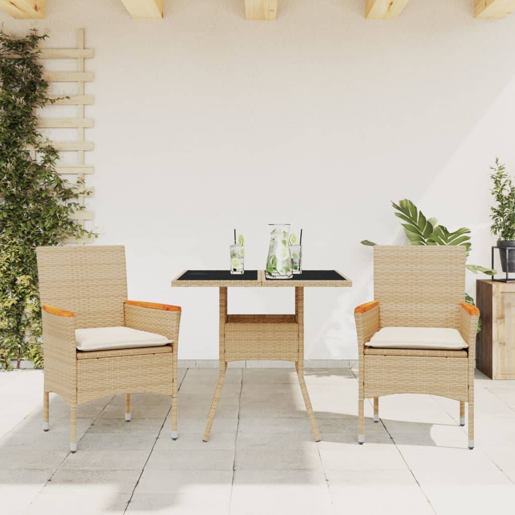 ComfortXL - Set Bistrot de Jardin 2 Personnes Table en Verre Résine Tressée Beige avec Coussins Crème pour Balcon Beige 80cm – ComfortXL Outdoor Living - Image 1