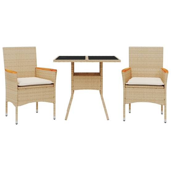 ComfortXL - Set Bistrot de Jardin 2 Personnes Table en Verre Résine Tressée Beige avec Coussins Crème pour Balcon Beige 80cm – ComfortXL Outdoor Living - Image 2