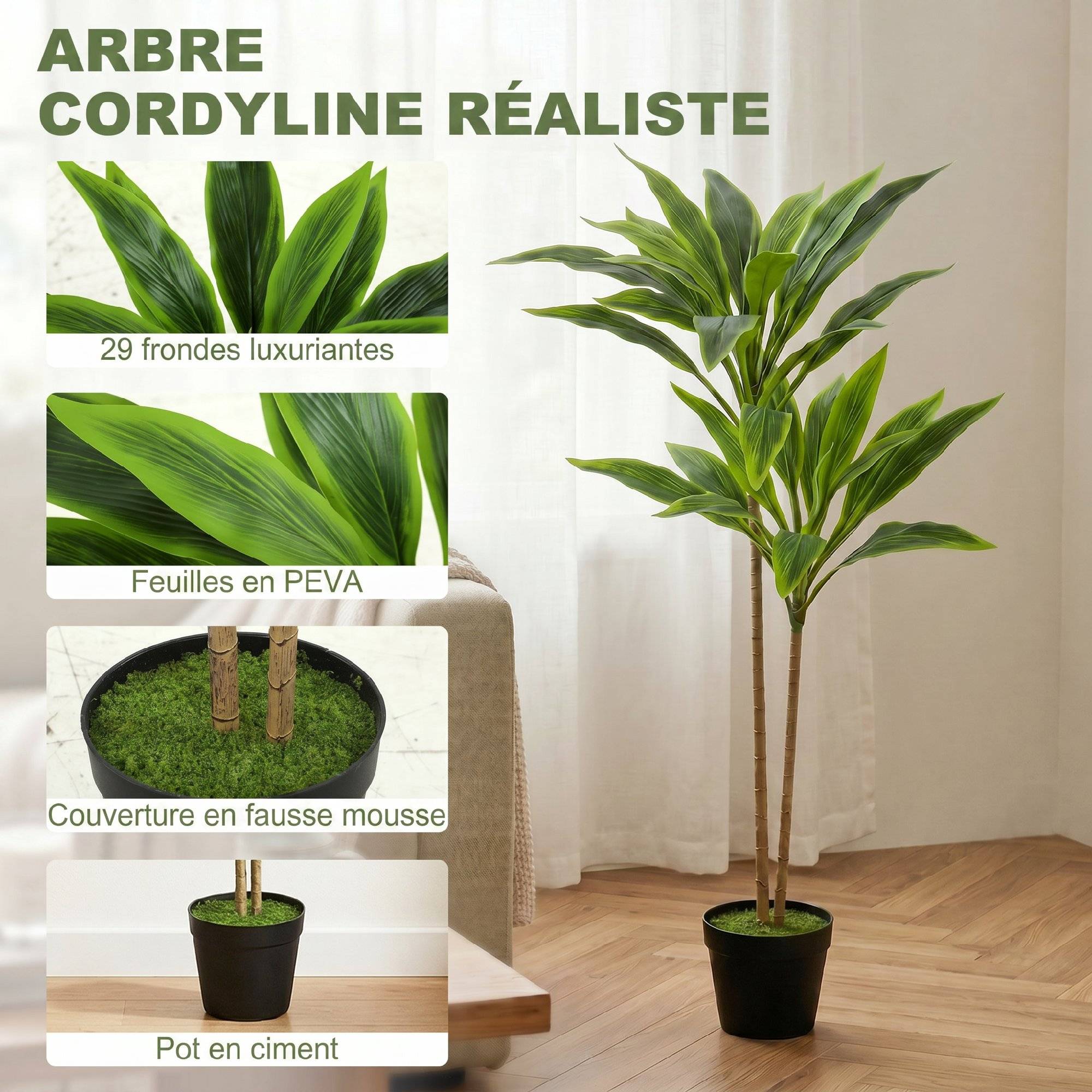 Arbre artificiel cordyline en pot 90 cm avec 29 feuilles réalistes, plante artificielle en PEVA, intérieure et extérieure - Image 6