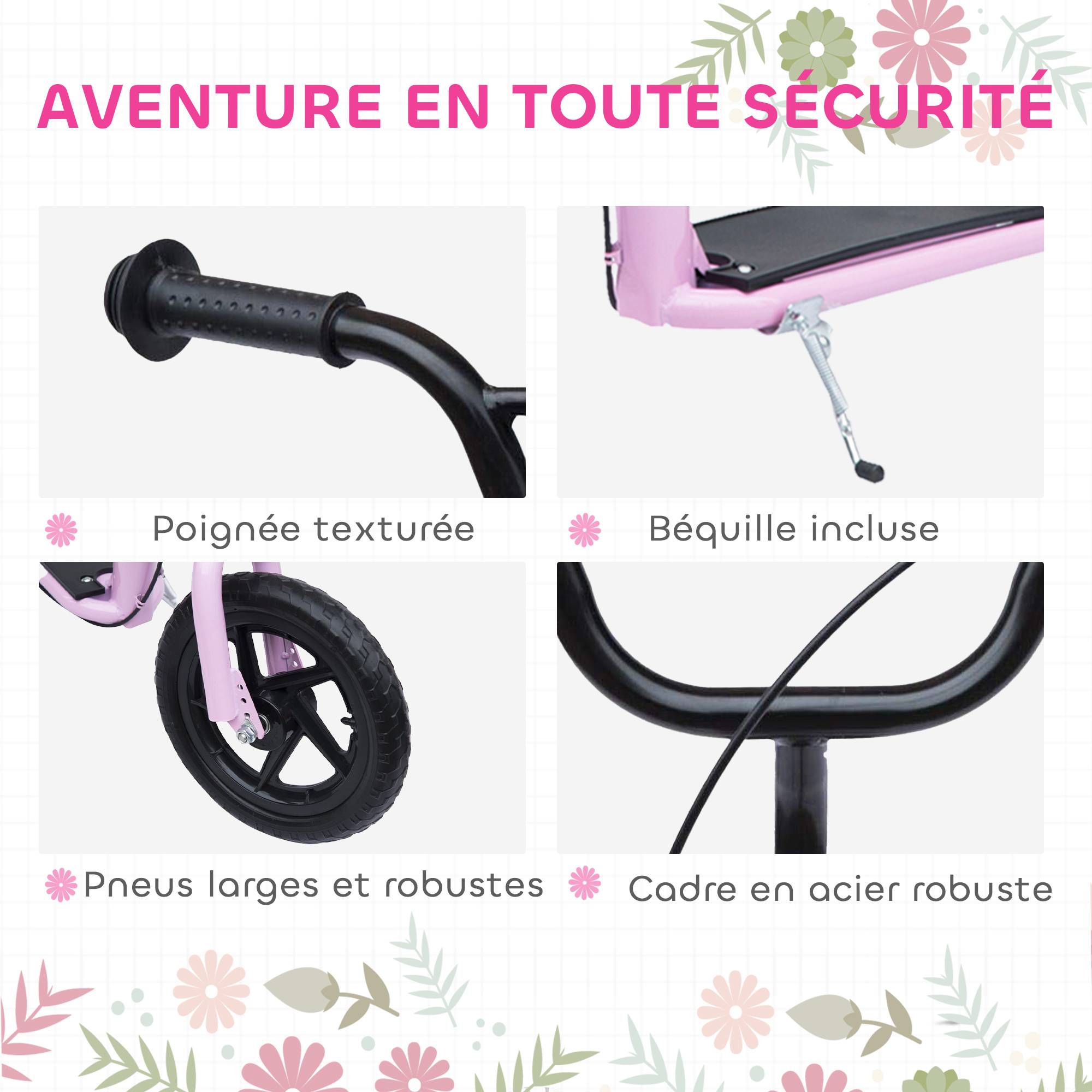 Trottinette enfant patinette pneus 30 cm Hauteur Guidon réglable poignée Frein et béquille Acier pour enfants à partir de 5 ans Rose - Image 7