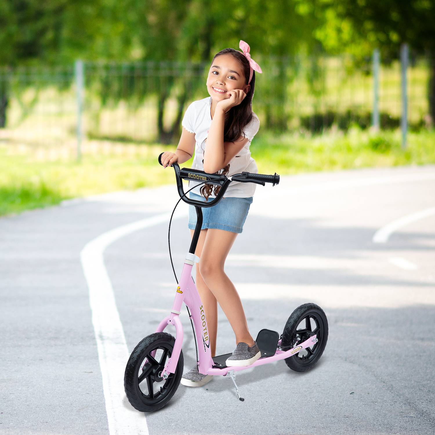 Trottinette enfant patinette pneus 30 cm Hauteur Guidon réglable poignée Frein et béquille Acier pour enfants à partir de 5 ans Rose - Image 4