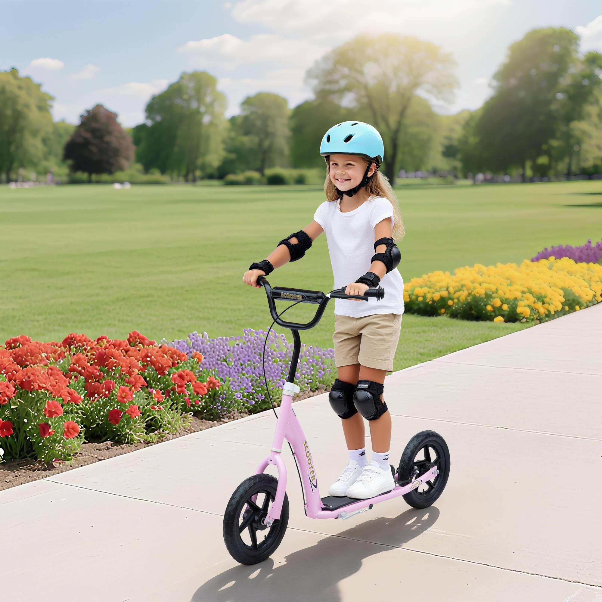 Trottinette enfant patinette pneus 30 cm Hauteur Guidon réglable poignée Frein et béquille Acier pour enfants à partir de 5 ans Rose - Image 3