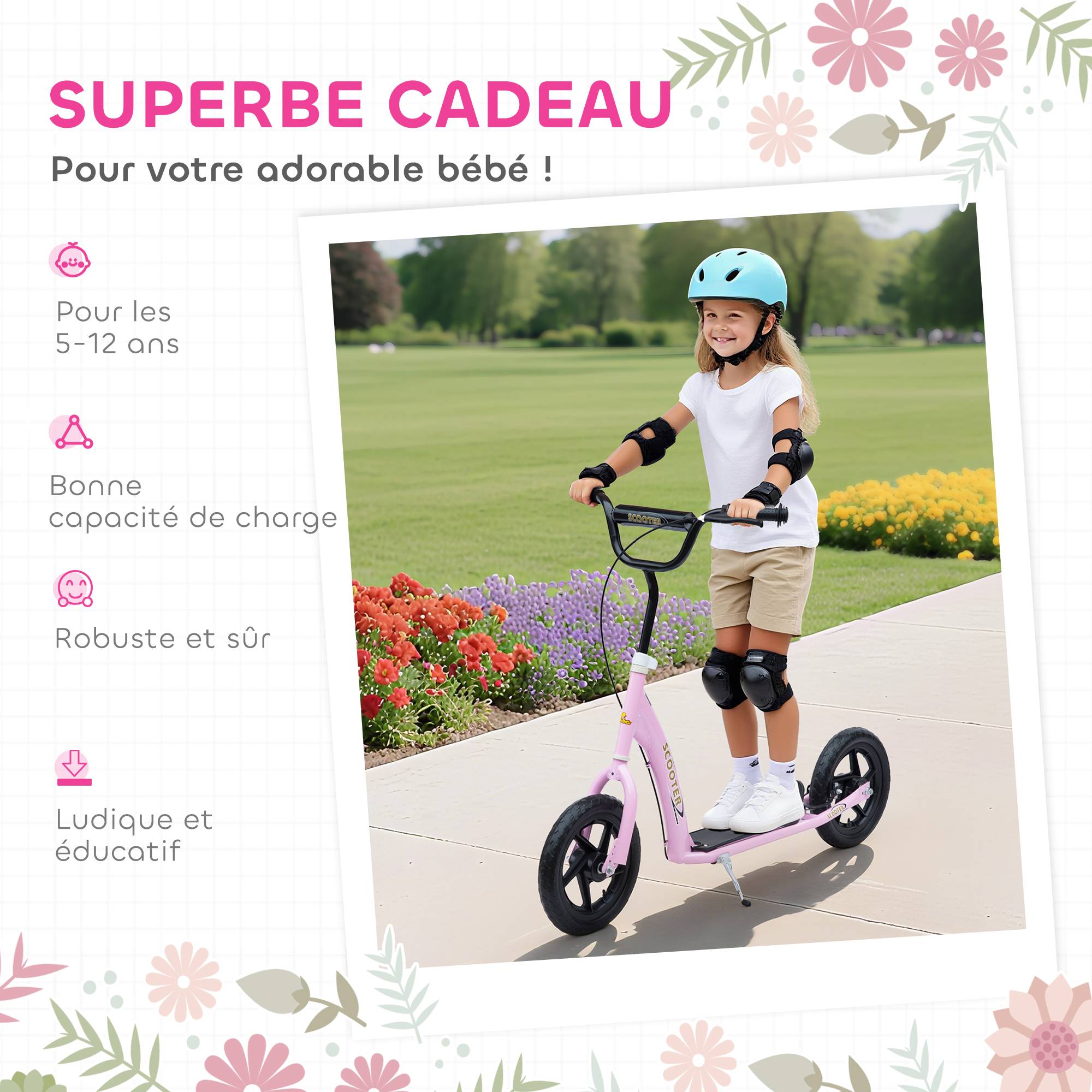 Trottinette enfant patinette pneus 30 cm Hauteur Guidon réglable poignée Frein et béquille Acier pour enfants à partir de 5 ans Rose - Image 9