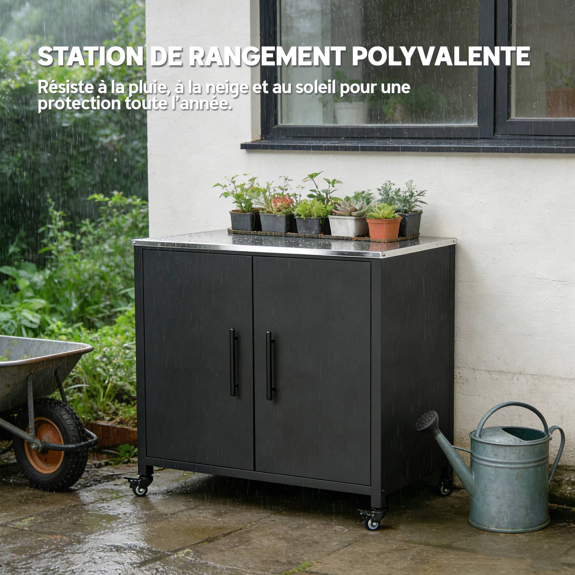 ComfortXL - Armoire de Jardin Métal Rangement Barbecue Plateau Inox Sur Roulettes 80x50x90cm Noir - ComfortXL Outdoor Living - Image 8