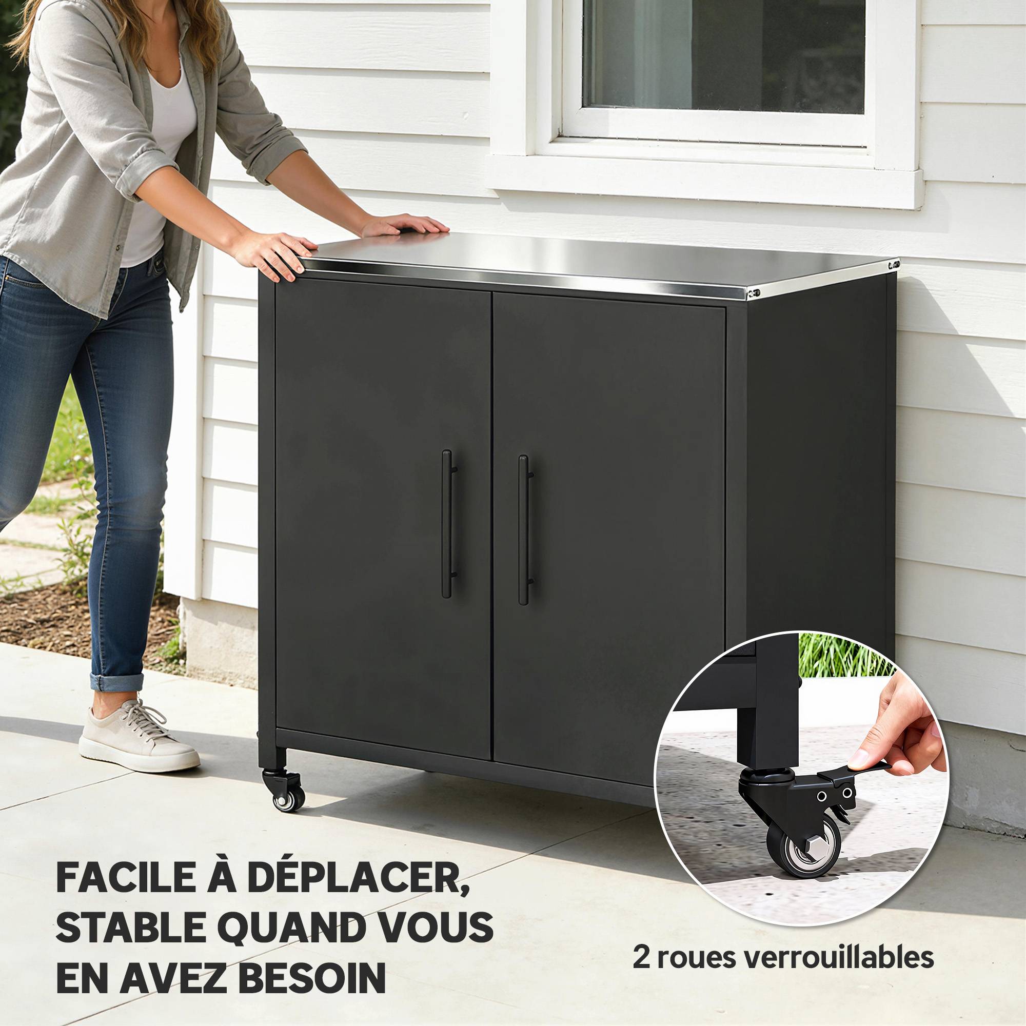 ComfortXL - Armoire de Jardin Métal Rangement Barbecue Plateau Inox Sur Roulettes 80x50x90cm Noir - ComfortXL Outdoor Living - Image 9