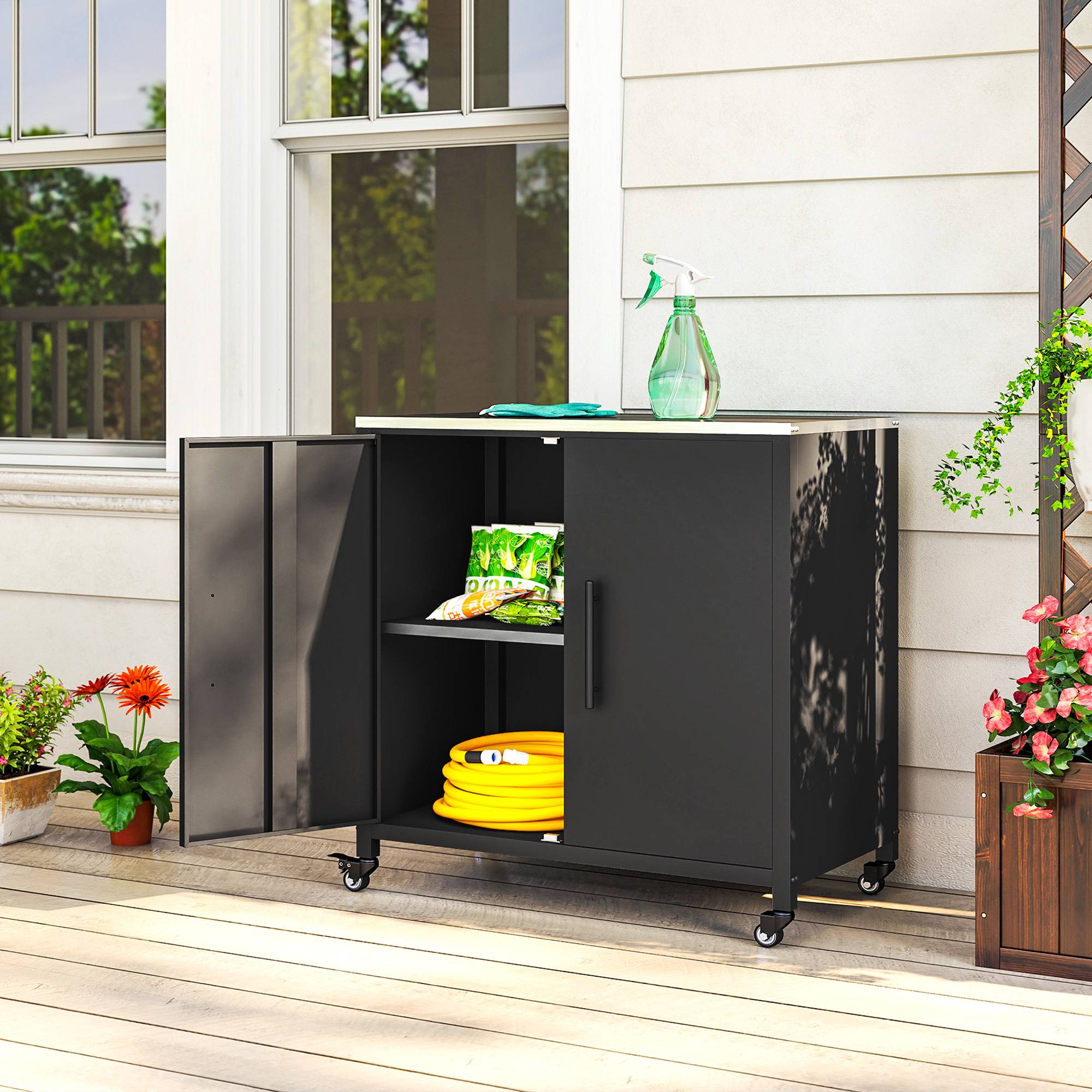 ComfortXL - Armoire de Jardin Métal Rangement Barbecue Plateau Inox Sur Roulettes 80x50x90cm Noir - ComfortXL Outdoor Living - Image 4