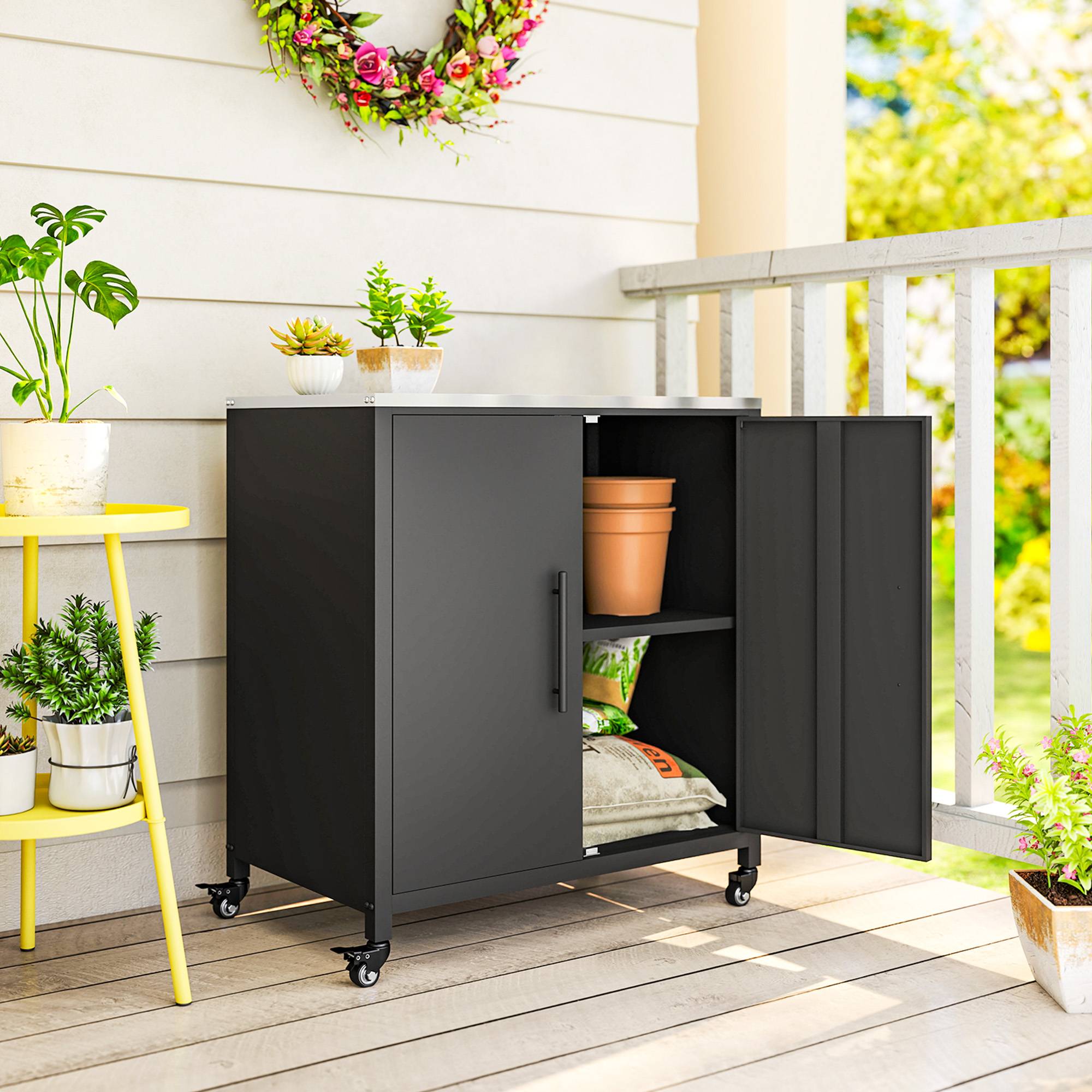 ComfortXL - Armoire de Jardin Métal Rangement Barbecue Plateau Inox Sur Roulettes 80x50x90cm Noir - ComfortXL Outdoor Living - Image 3