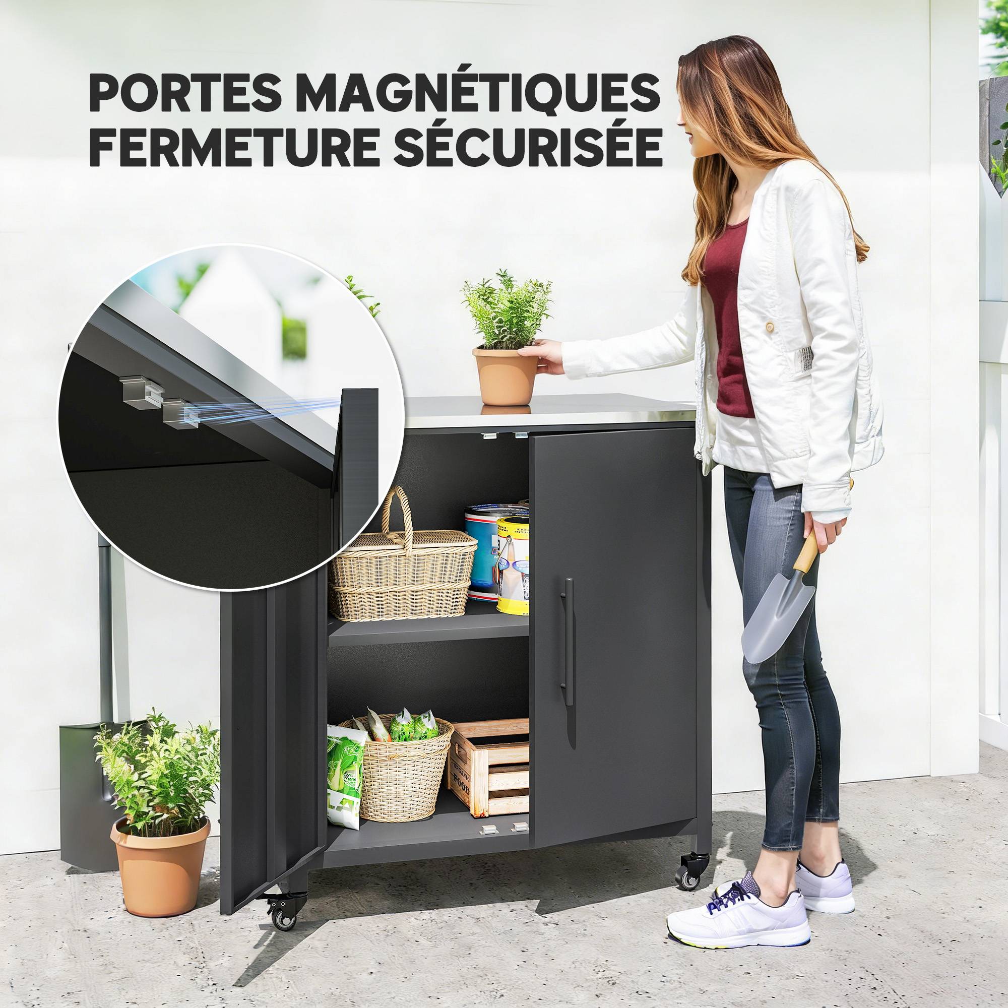 ComfortXL - Armoire de Jardin Métal Rangement Barbecue Plateau Inox Sur Roulettes 80x50x90cm Noir - ComfortXL Outdoor Living - Image 10