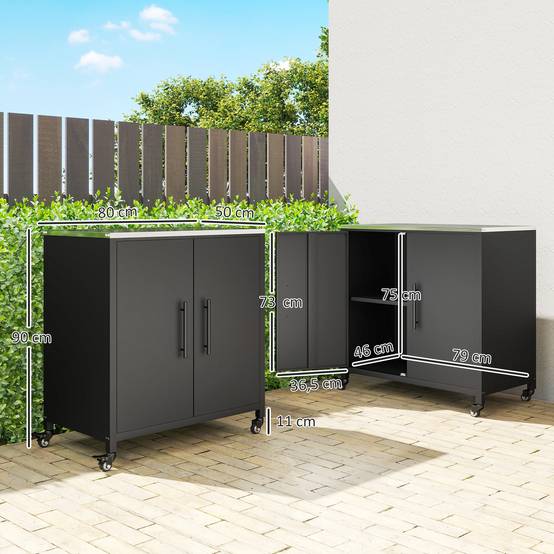 ComfortXL - Armoire de Jardin Métal Rangement Barbecue Plateau Inox Sur Roulettes 80x50x90cm Noir - ComfortXL Outdoor Living - Image 5