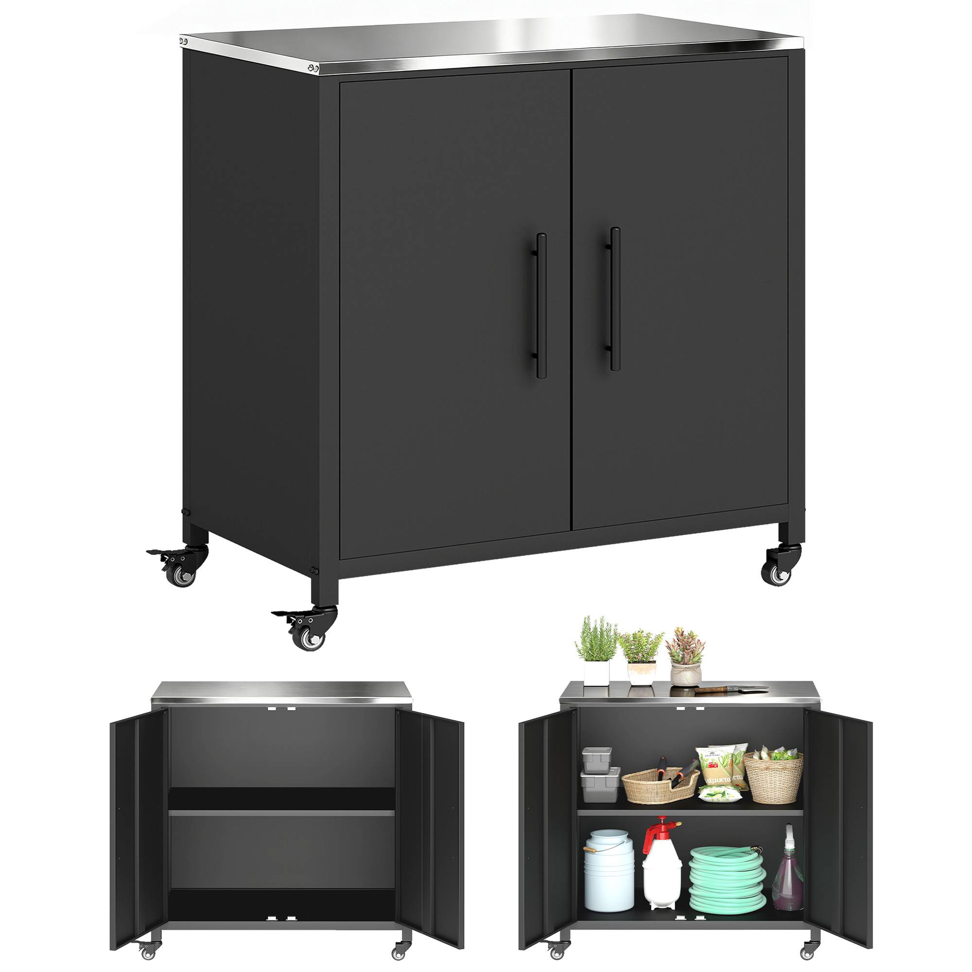 ComfortXL - Armoire de Jardin Métal Rangement Barbecue Plateau Inox Sur Roulettes 80x50x90cm Noir - ComfortXL Outdoor Living - Image 1