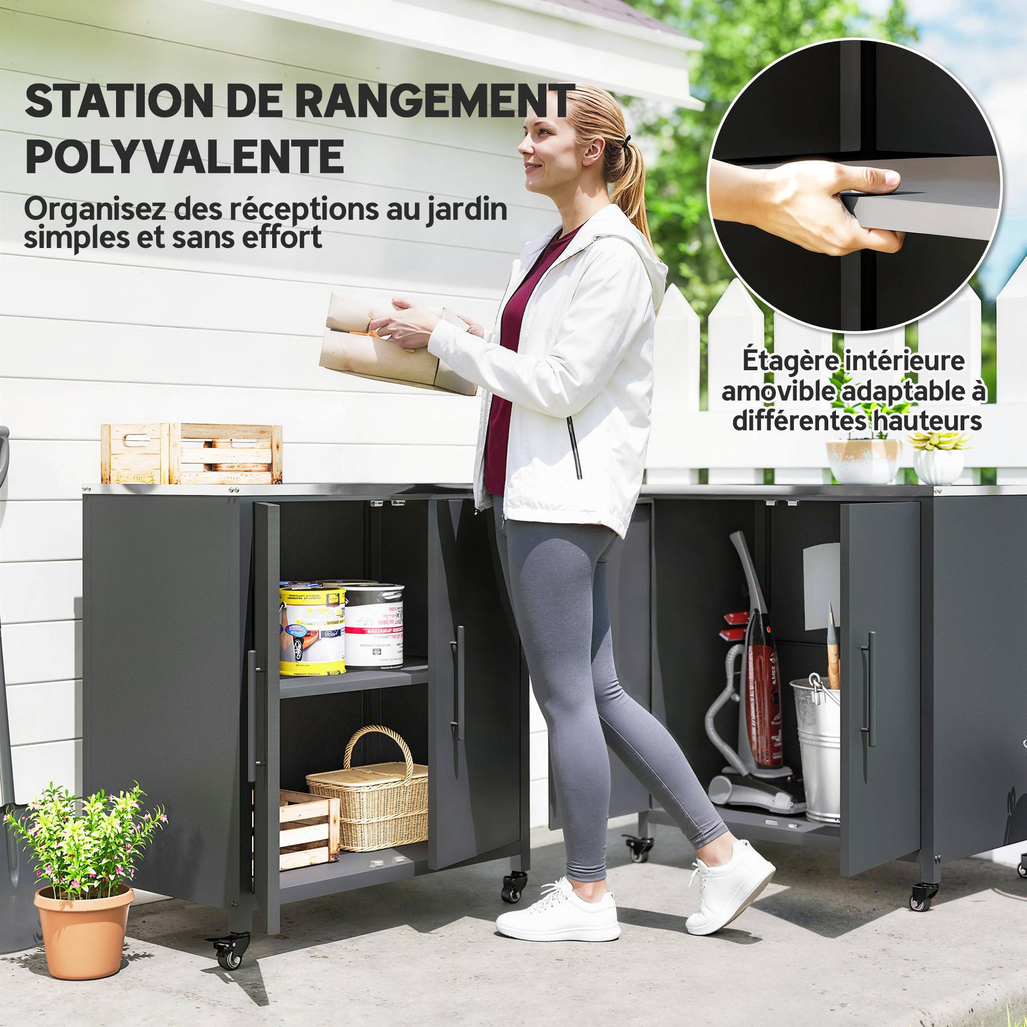 ComfortXL - Armoire de Jardin Métal Rangement Barbecue Plateau Inox Sur Roulettes 80x50x90cm Noir - ComfortXL Outdoor Living - Image 6