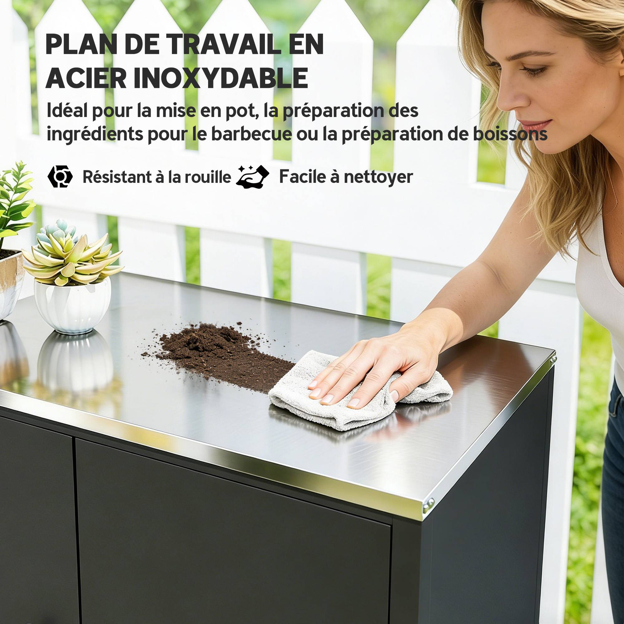 ComfortXL - Armoire de Jardin Métal Rangement Barbecue Plateau Inox Sur Roulettes 80x50x90cm Noir - ComfortXL Outdoor Living - Image 7