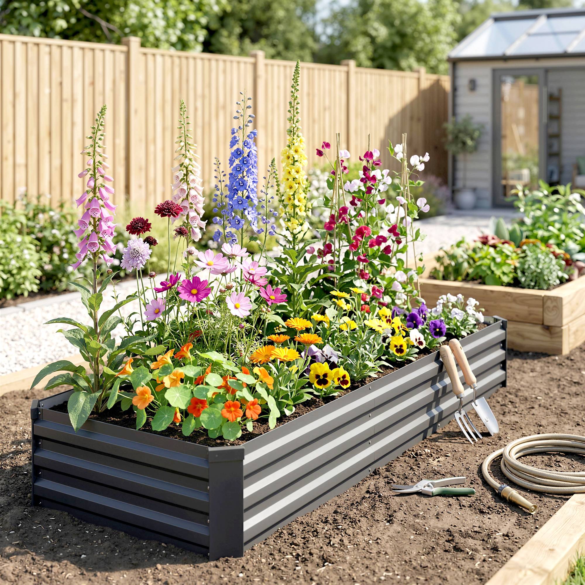 Sans Marque - Carré potager rectangulaire lit jardin surélevé acier galvanisé fond ouvert 240x60x30 cm gris foncé - Image 4