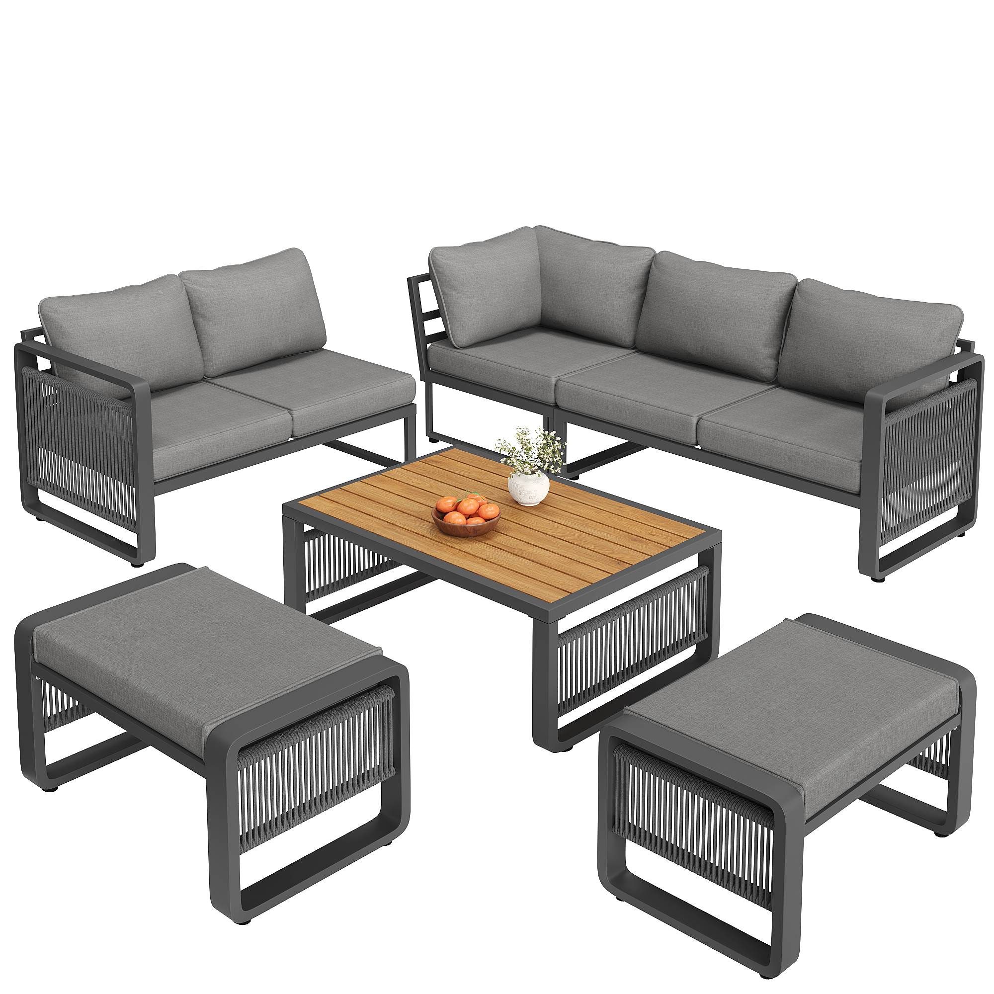 Salon de jardin angle métal et corde terrasse extérieur modulable 7 places gris - ComfortXL Outdoor Living - Image 2