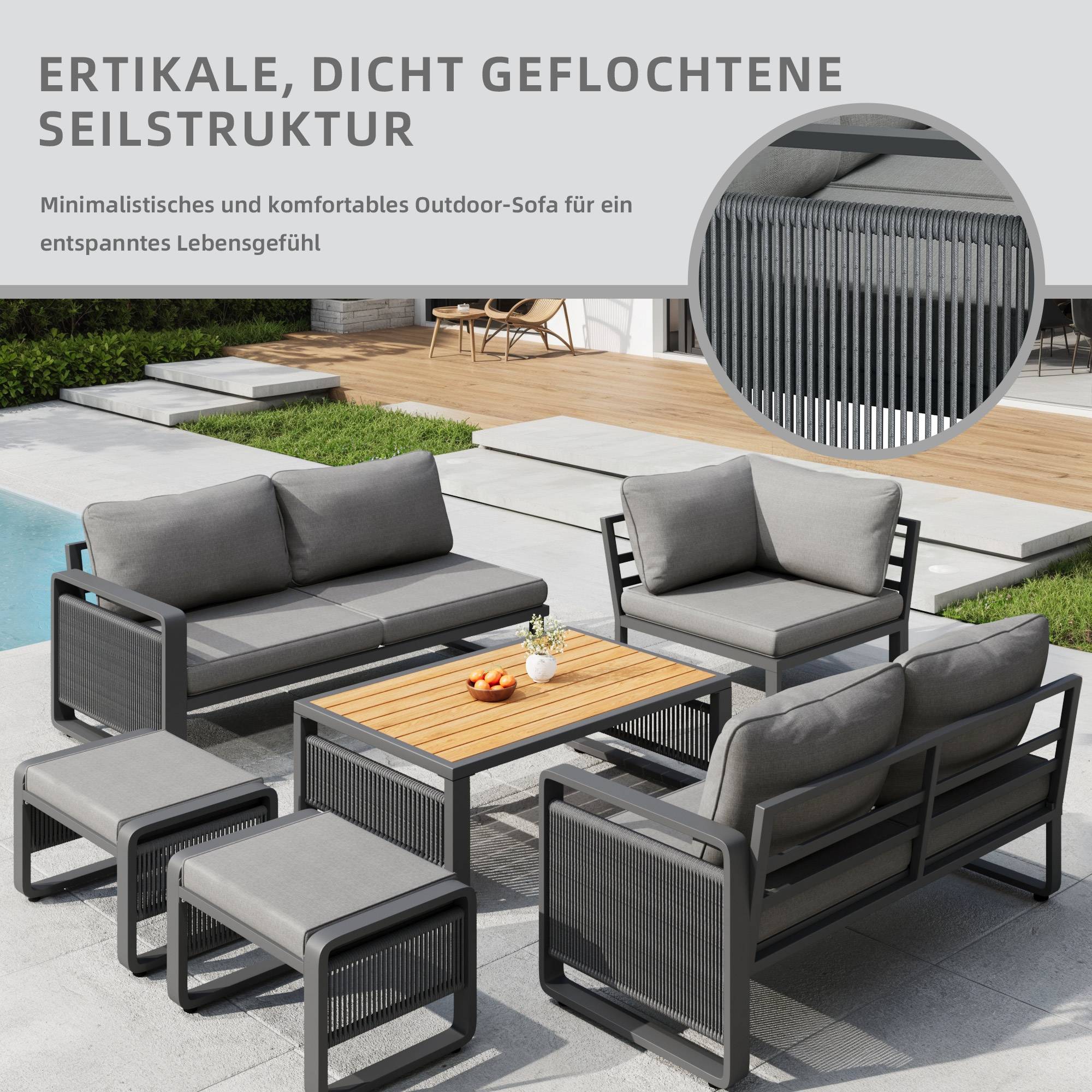 Salon de jardin angle métal et corde terrasse extérieur modulable 7 places gris - ComfortXL Outdoor Living - Image 6