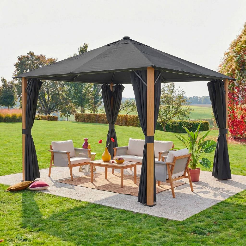 Tonnelle 3x3m aluminium effet bois avec rideaux et led anthracite - Veluna | sweeek - Image 1