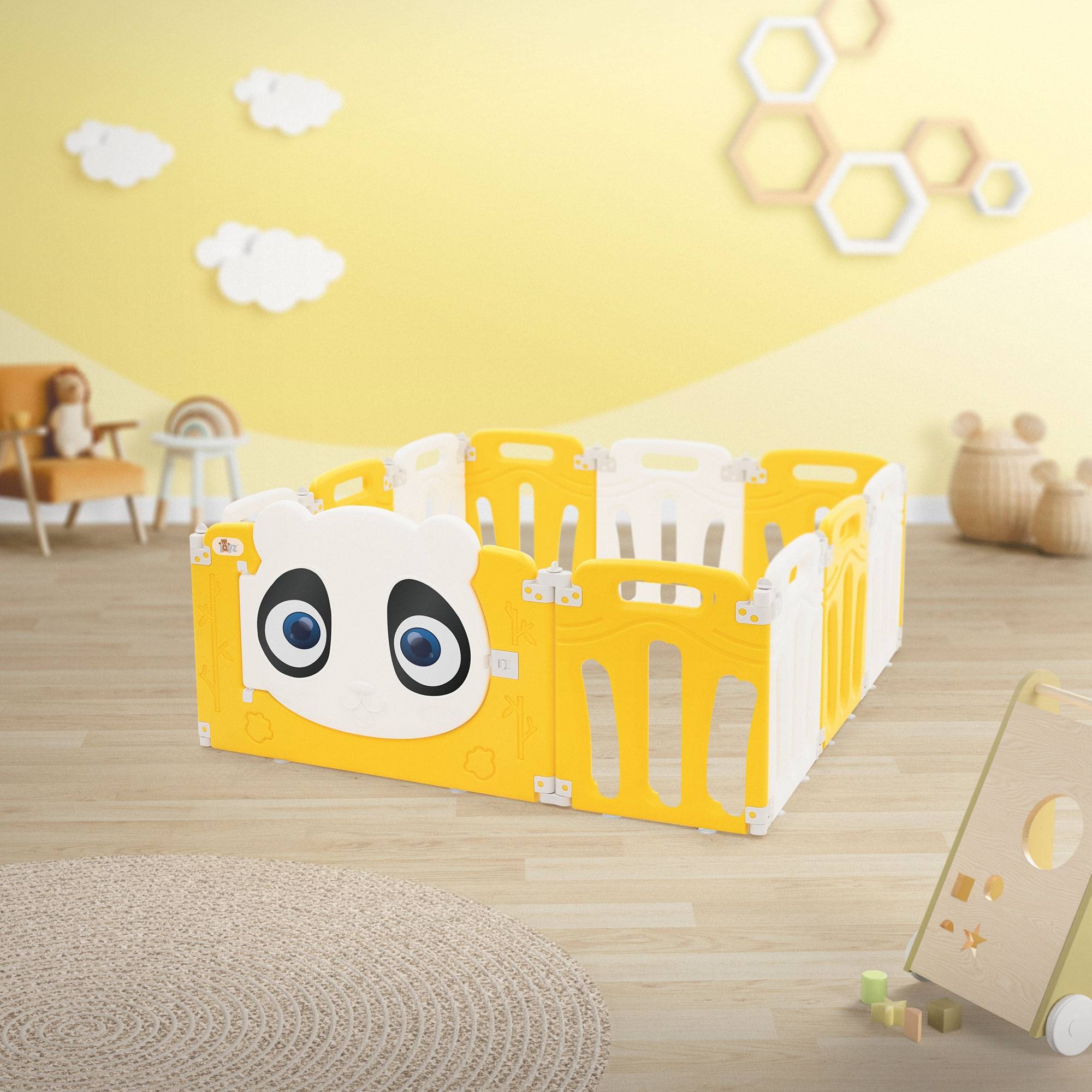 Parc bébé 480 cm 120x120 cm blanc-jeune avec 11 panneaux en plastique HDPE design Panda coins arrondis et surfaces lisses barrière extérieure sécurité - Image 8