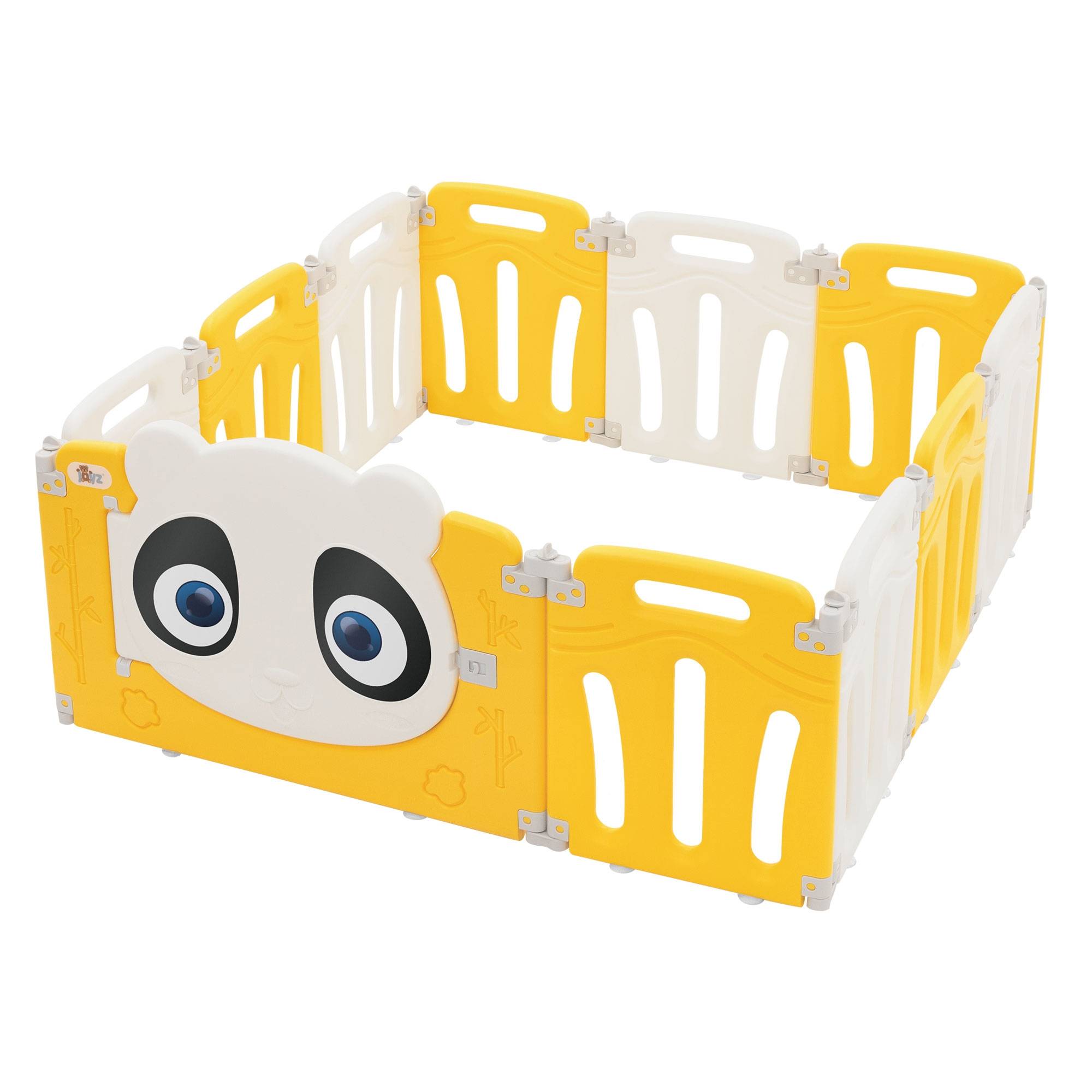 Parc bébé 480 cm 120x120 cm blanc-jeune avec 11 panneaux en plastique HDPE design Panda coins arrondis et surfaces lisses barrière extérieure sécurité - Image 1