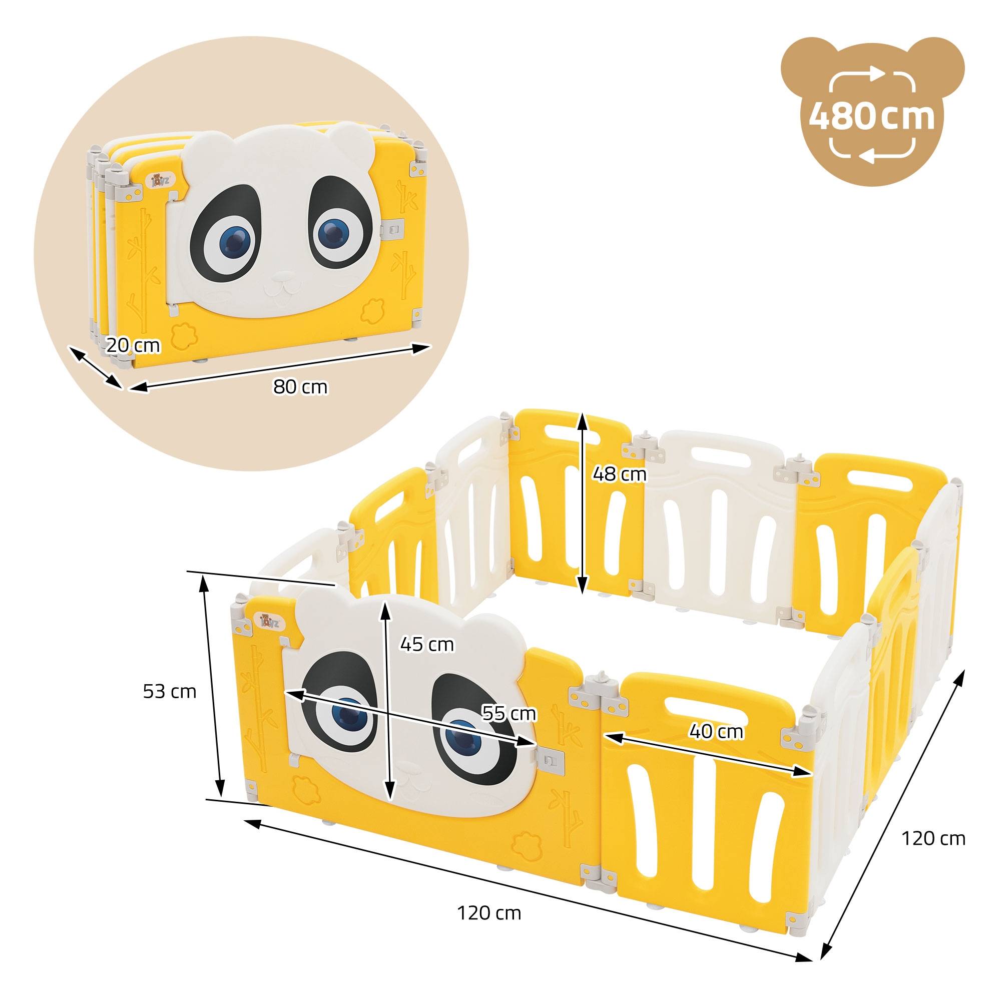 Parc bébé 480 cm 120x120 cm blanc-jeune avec 11 panneaux en plastique HDPE design Panda coins arrondis et surfaces lisses barrière extérieure sécurité - Image 7