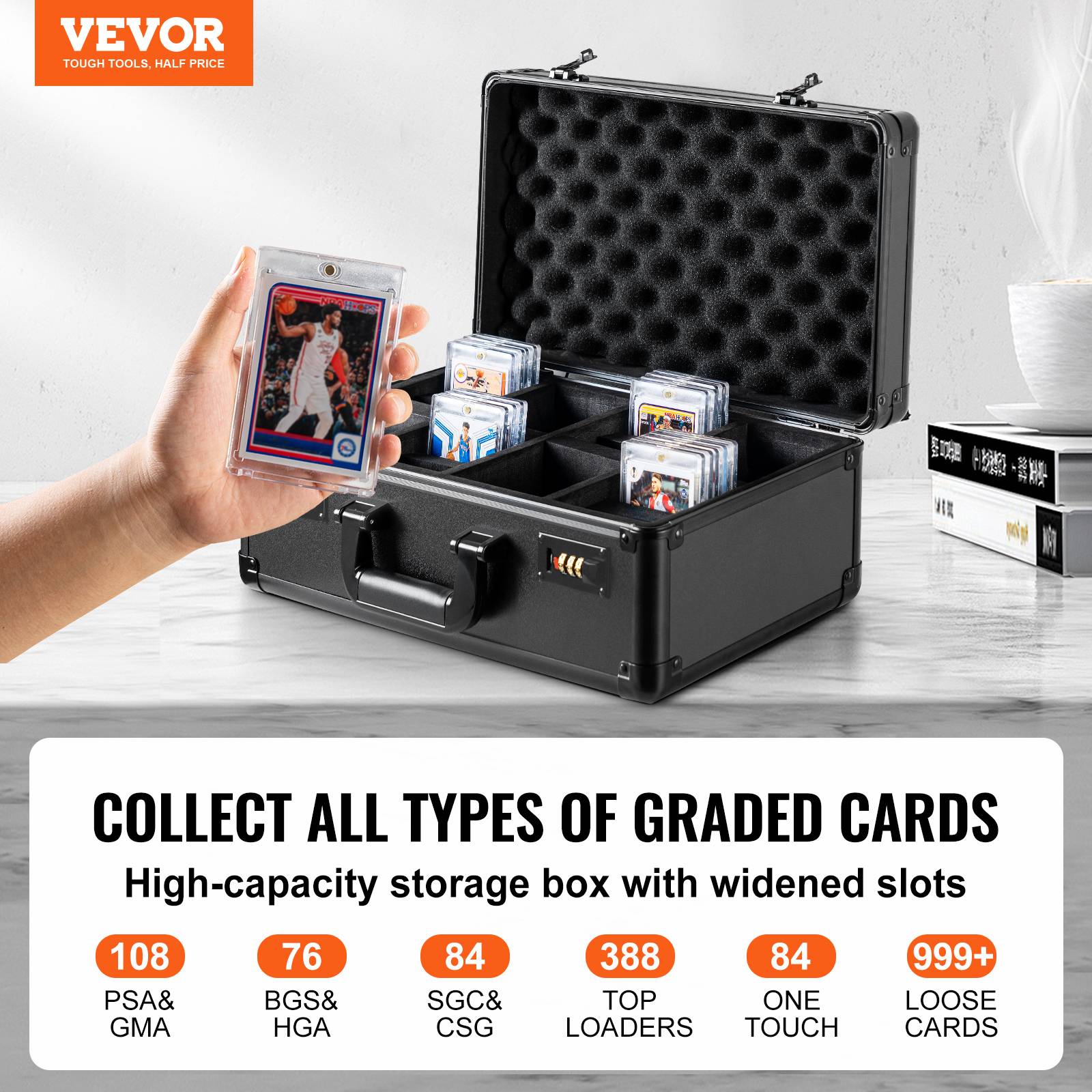 VEVOR Boîte rangement cartes gradées, 4 emplacements, mousse, verrou code. Pour 108 PSA, 76 BGS, 84 SGC. - Image 2