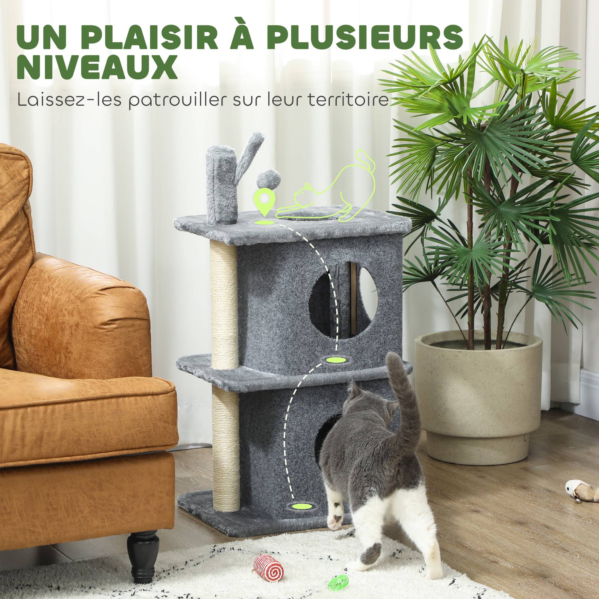 Arbre à chat sisal et peluche gris foncé 43 x 33 x 80 cm - PANGIVO - Image 6