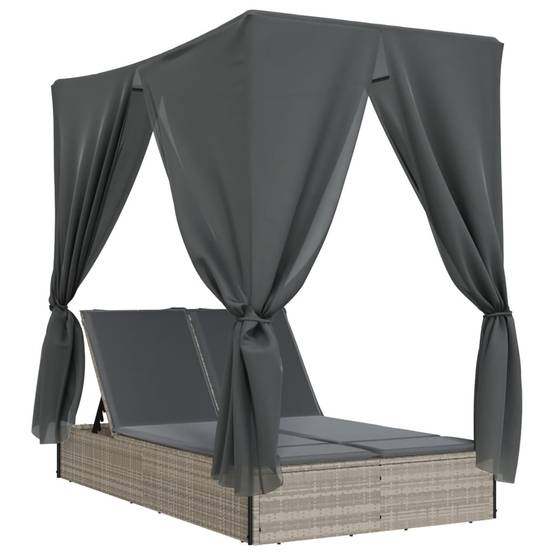 Chaise longue double avec toit et rideaux gris clair poly rotin 200 x 114 x 196 cm - PANGIVO - Image 2