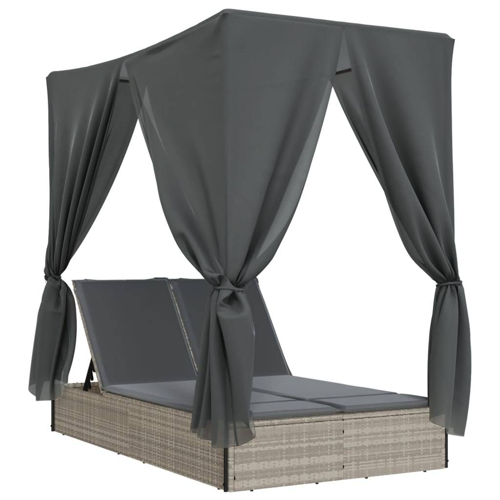Chaise longue double avec toit et rideaux gris clair poly rotin 200 x 114 x 196 cm - PANGIVO - Image 2