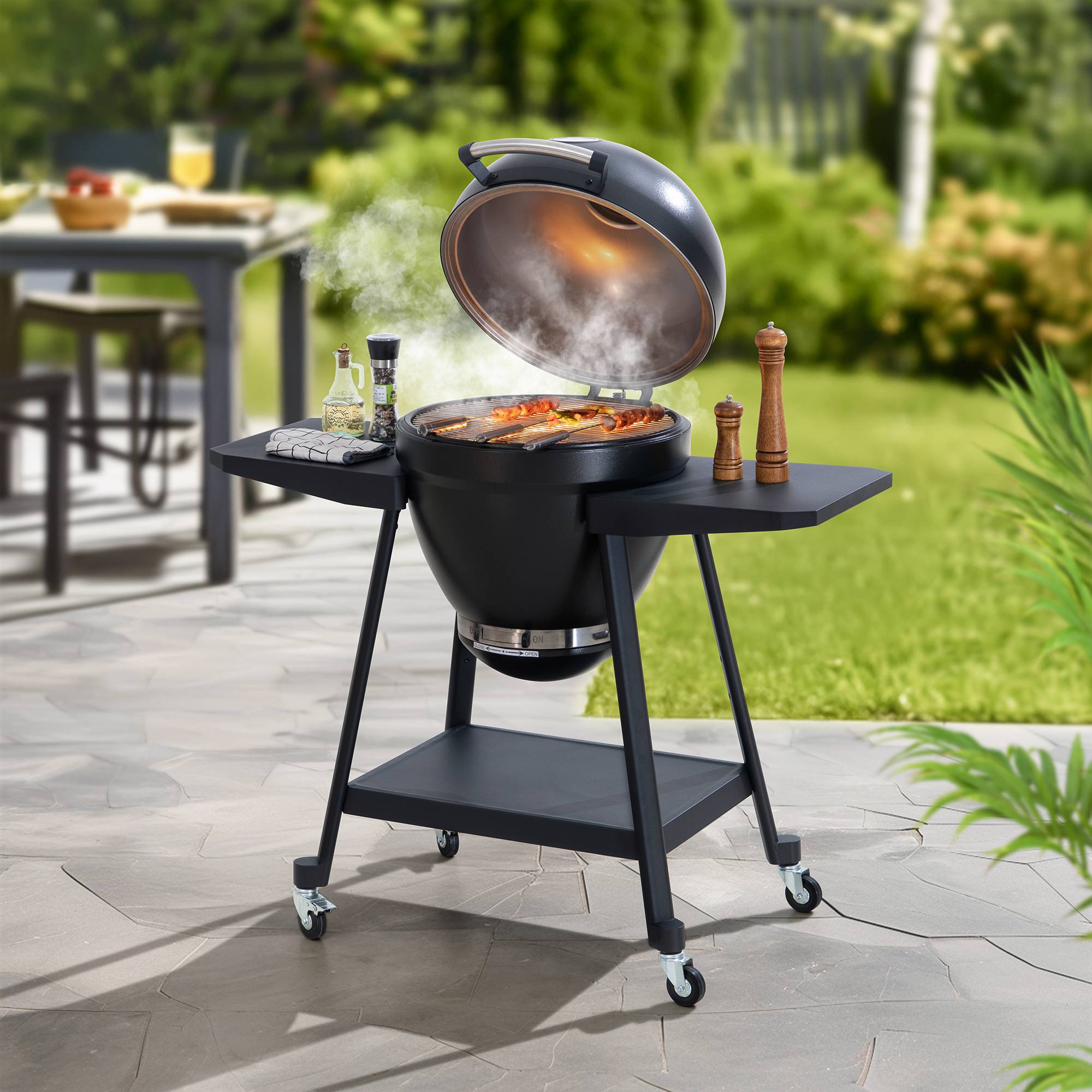 Barbecue au charbon de bois Kamado en forme d'œuf avec plaque à pizza, noir - Image 2