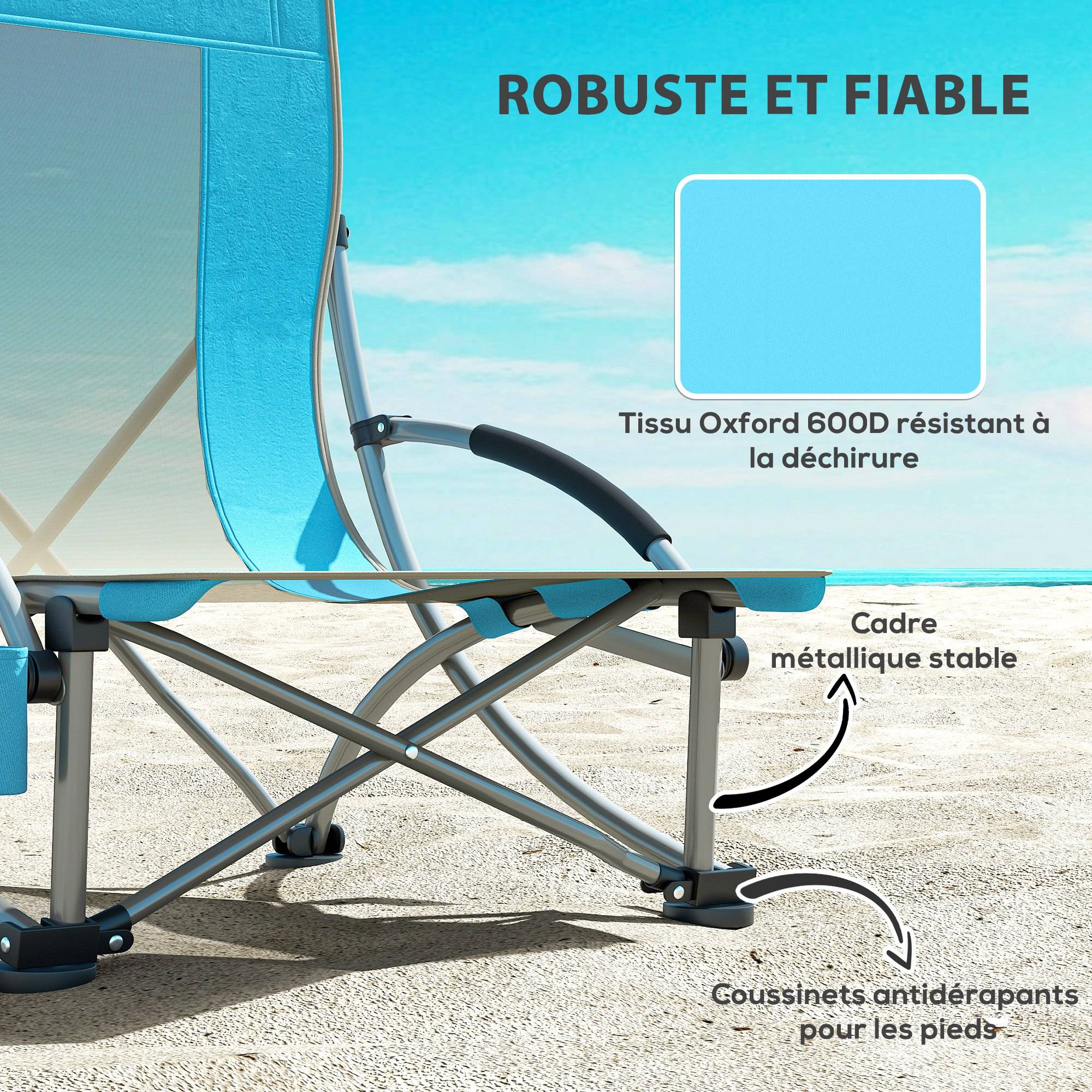 Lot de 2 chaises de plage pliantes métal et tissu bleu 70 x 58 x 79 cm - PANGIVO - Image 9
