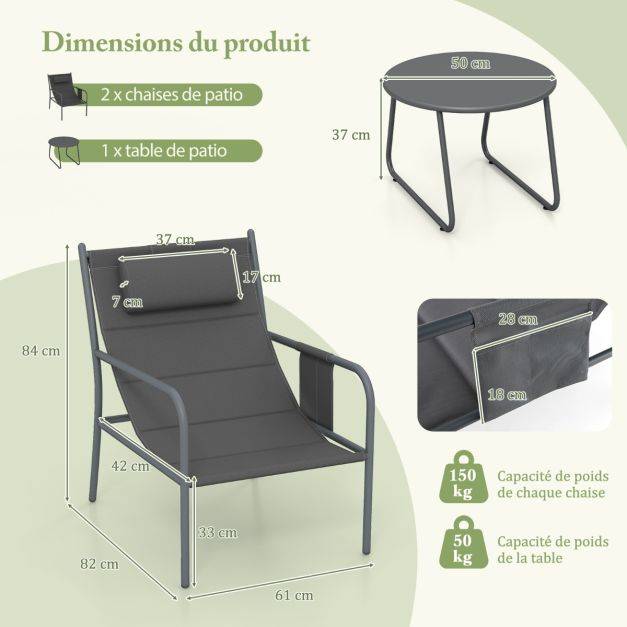 Helloshop26 - Ensemble de meubles 3 pièces de patio cadre en métal charge 150 kg salon de jardin 2 chaises 1 table basse avec tissu respirant gris - Image 4