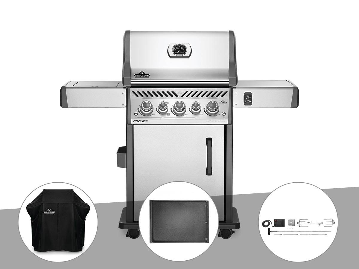 Napoleon - Barbecue à gaz Rogue SE 425 inox 3 brûleurs + Housse de protection + Plancha + Rôtissoire - Napoleon