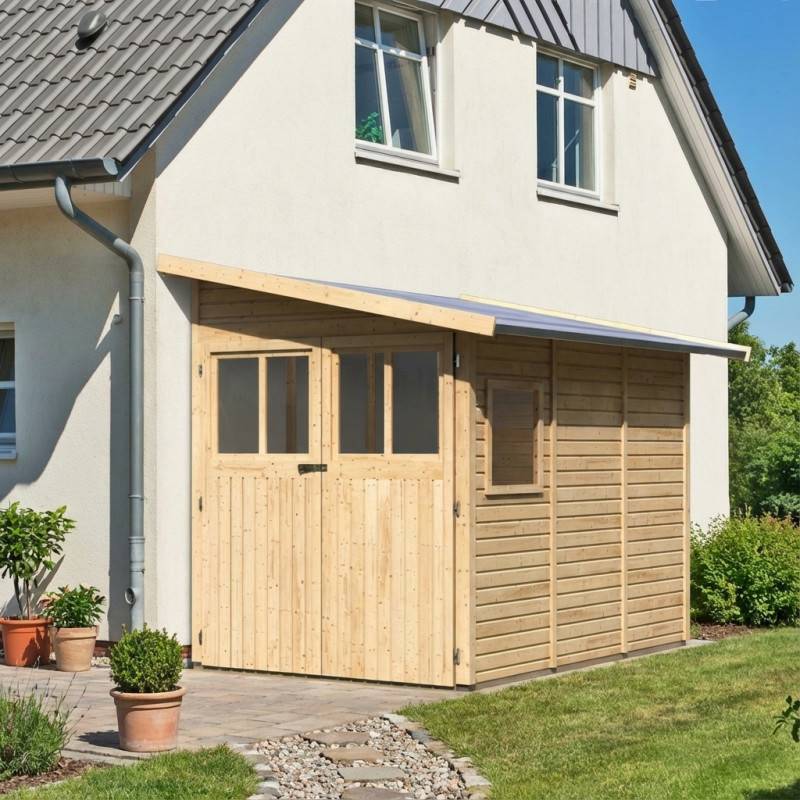 Abri de jardin adossé 4,85m² bois massif 19mm Juist 3 marron avec embase autoclave Karibu