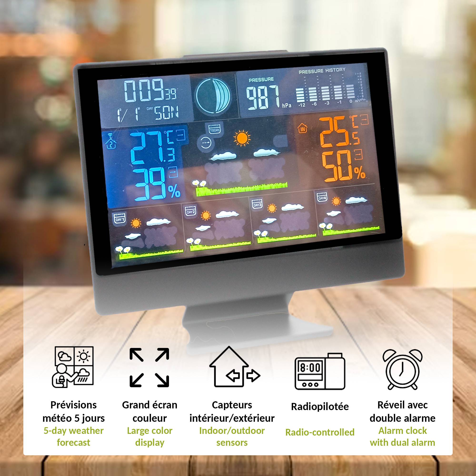 Fishtec - Station Meteo Ecran Couleur - Previsions 5 Jours - Temperature et Hygrometrie - Reveil Double Alarme avec Snooze - Image 3