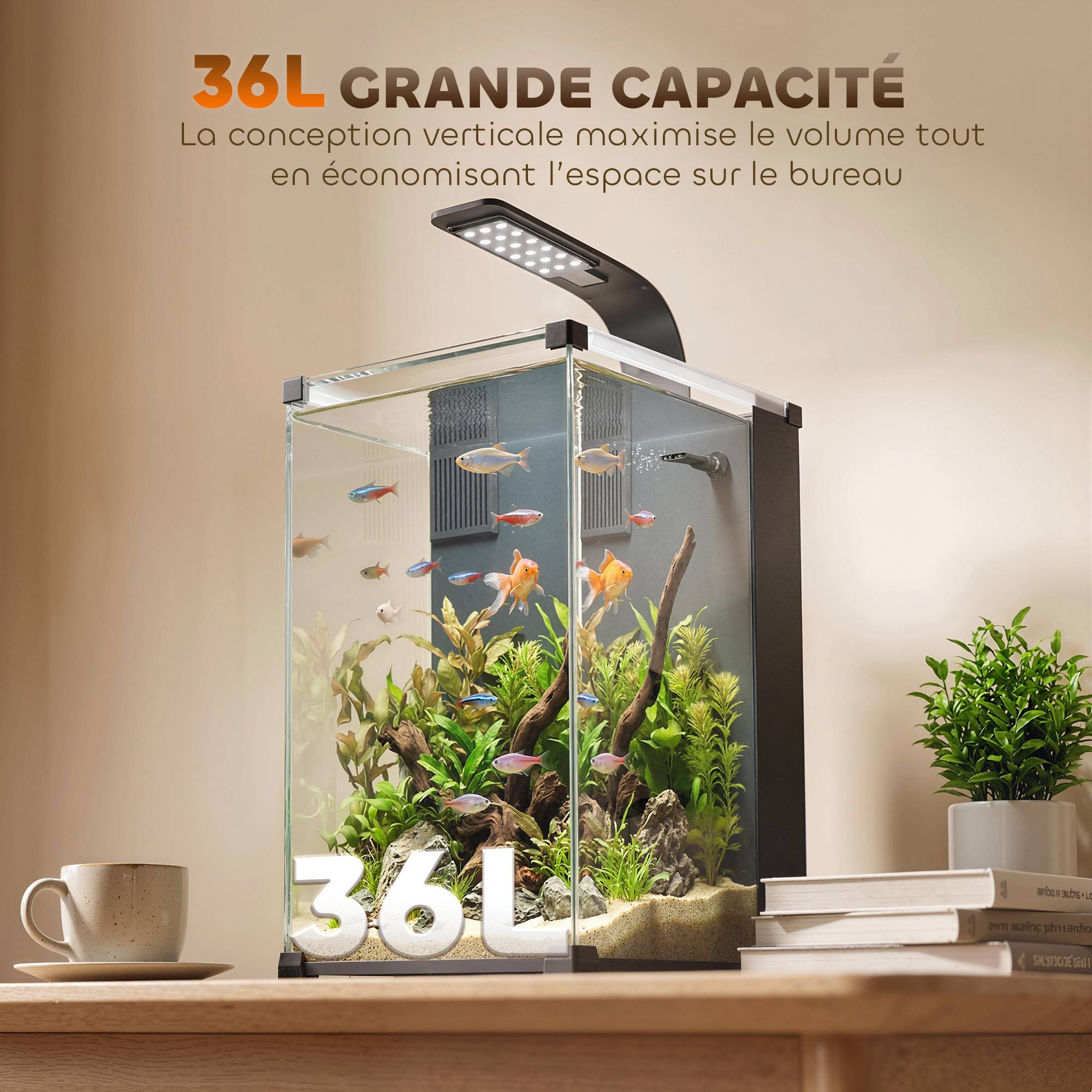 Sans Marque - Aquarium en Verre Trempé Nano Aquarium avec Filtre Intégré Pompe 5W et Éclairage LED 30x30x45cm Noir - Image 7