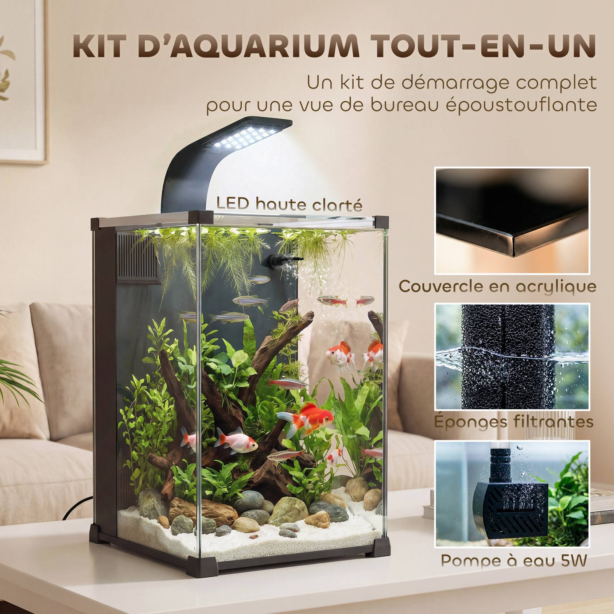 Sans Marque - Aquarium en Verre Trempé Nano Aquarium avec Filtre Intégré Pompe 5W et Éclairage LED 30x30x45cm Noir - Image 6