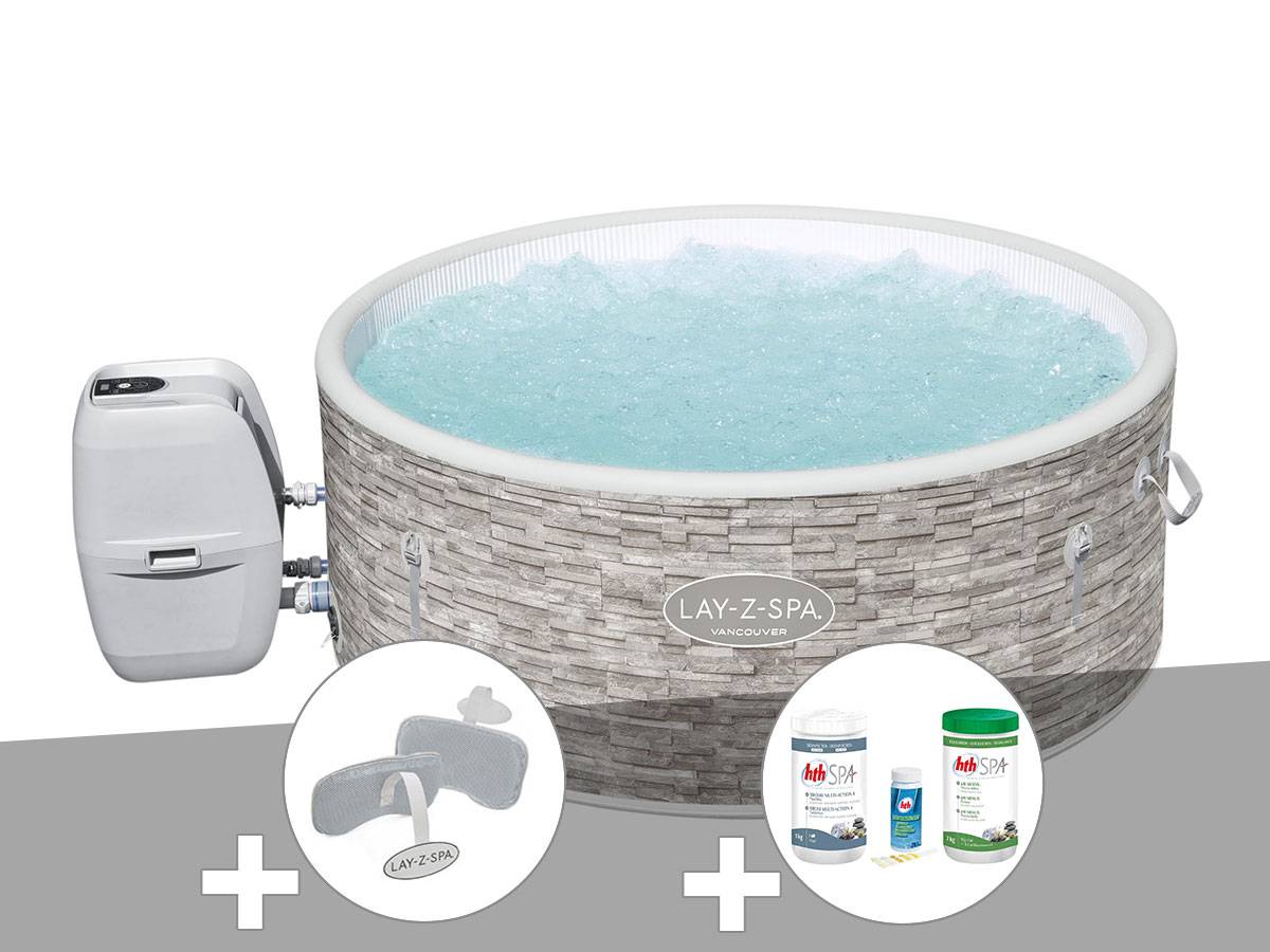 Bestway - Kit spa gonflable Bestway Lay-Z-Spa Vancouver rond Airjet Plus 3/5 places + Kit traitement brome + 2 appuie-têtes