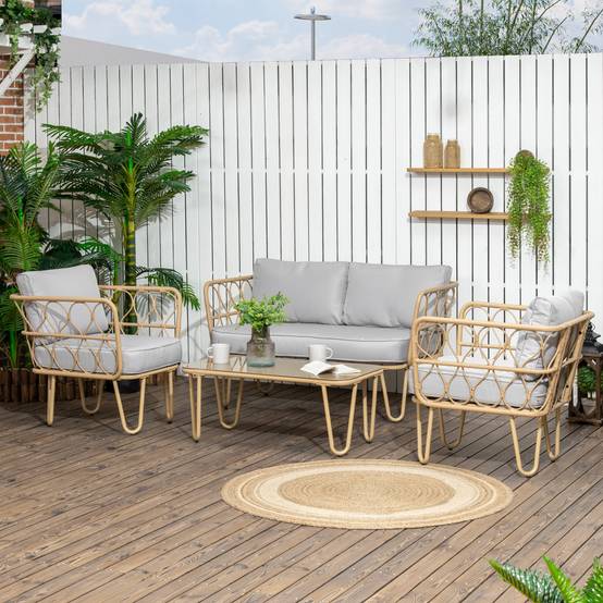 Ensemble salon de jardin canapé 2 places + 2 fauteuils + 1 table basse plateau verre trempé 7 coussins écru - Image 3