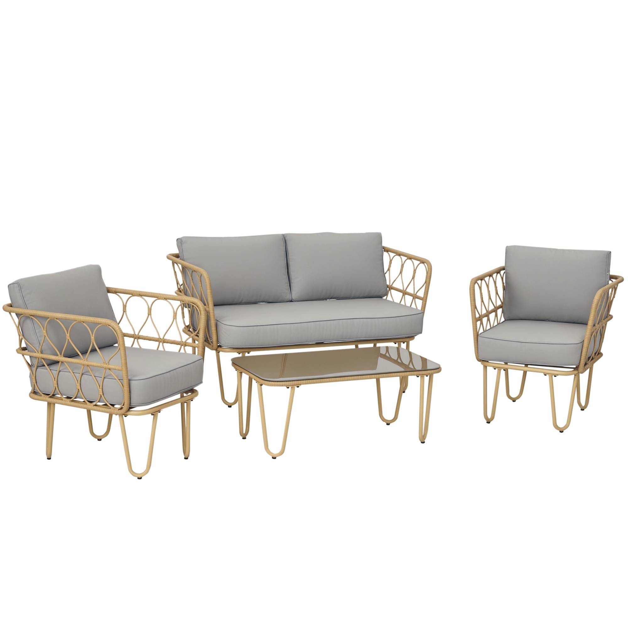 Ensemble salon de jardin canapé 2 places + 2 fauteuils + 1 table basse plateau verre trempé 7 coussins écru - Image 1