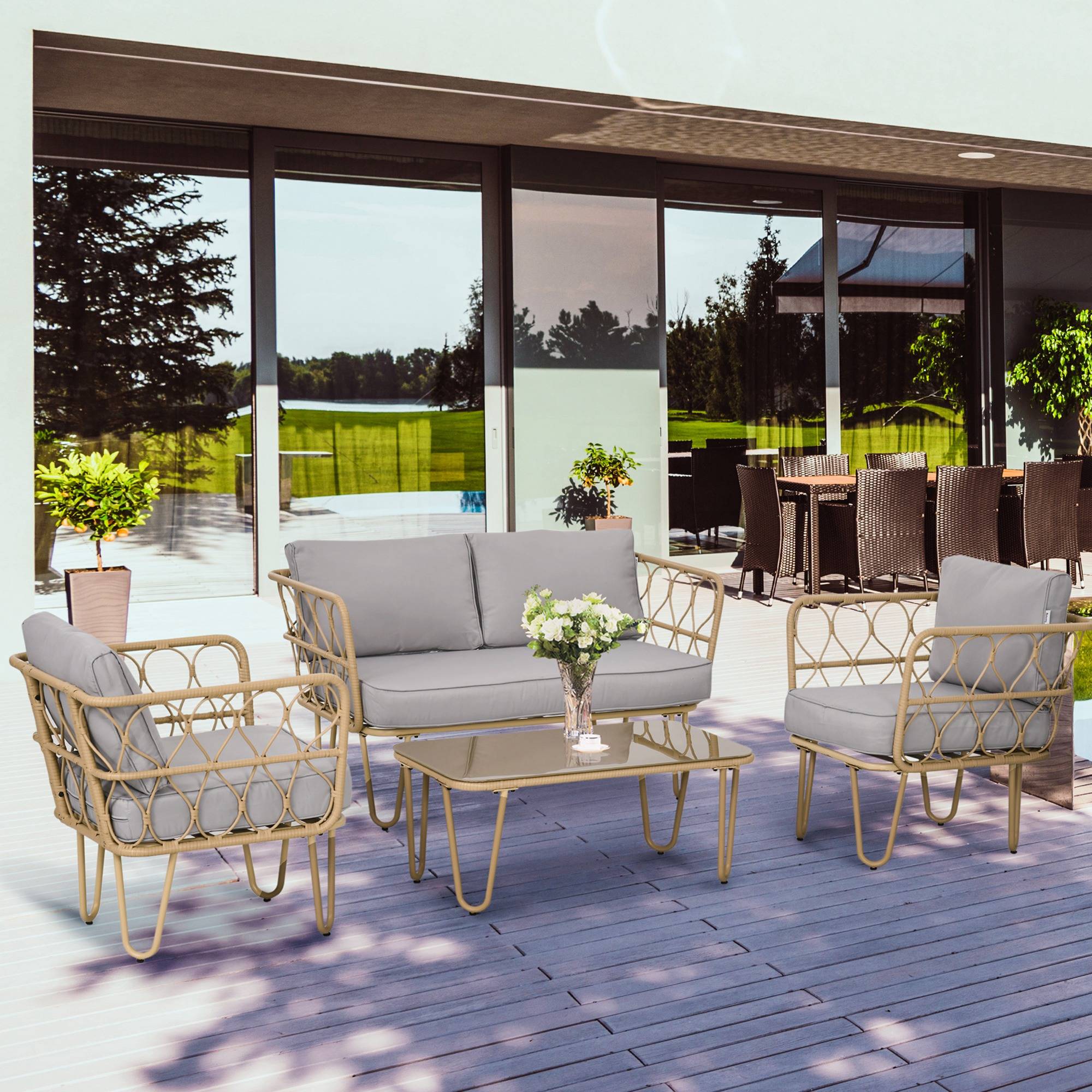 Ensemble salon de jardin canapé 2 places + 2 fauteuils + 1 table basse plateau verre trempé 7 coussins écru - Image 4