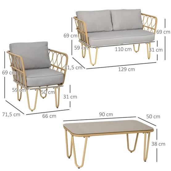 Ensemble salon de jardin canapé 2 places + 2 fauteuils + 1 table basse plateau verre trempé 7 coussins écru - Image 5