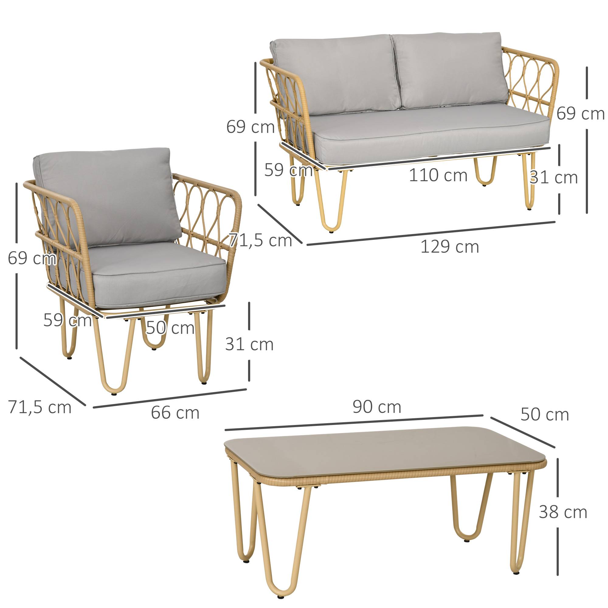Ensemble salon de jardin canapé 2 places + 2 fauteuils + 1 table basse plateau verre trempé 7 coussins écru - Image 5