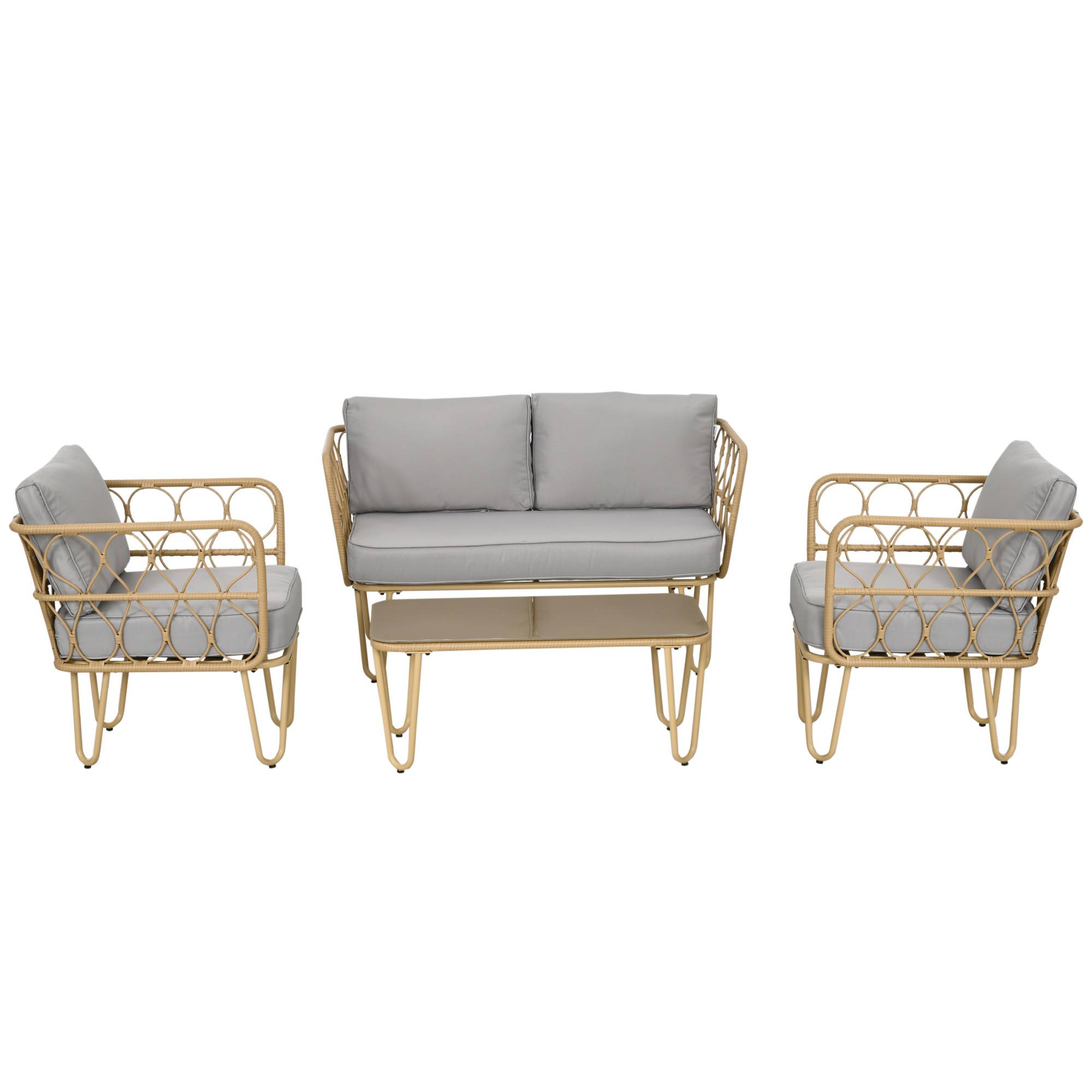 Ensemble salon de jardin canapé 2 places + 2 fauteuils + 1 table basse plateau verre trempé 7 coussins écru - Image 2
