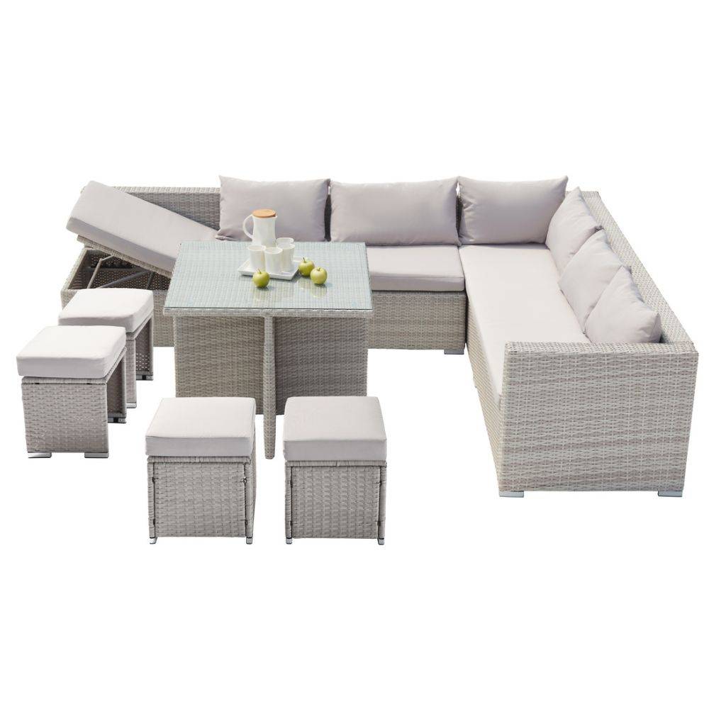 Salon de jardin encastrable 10 places en résine tressée grise avec coussins et table vitrée Samoa – Concept Usine - Image 1