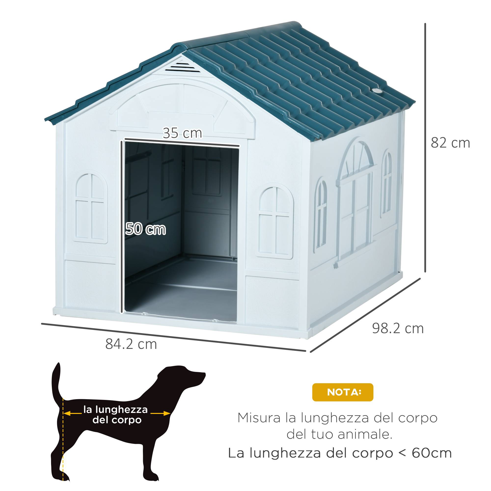 Niche étanche en polypropylène pour chiens moyens et grands, poids max. 30 kg, dimensions : 84,2 x 98,2 x 82 cm, bleue - Image 5