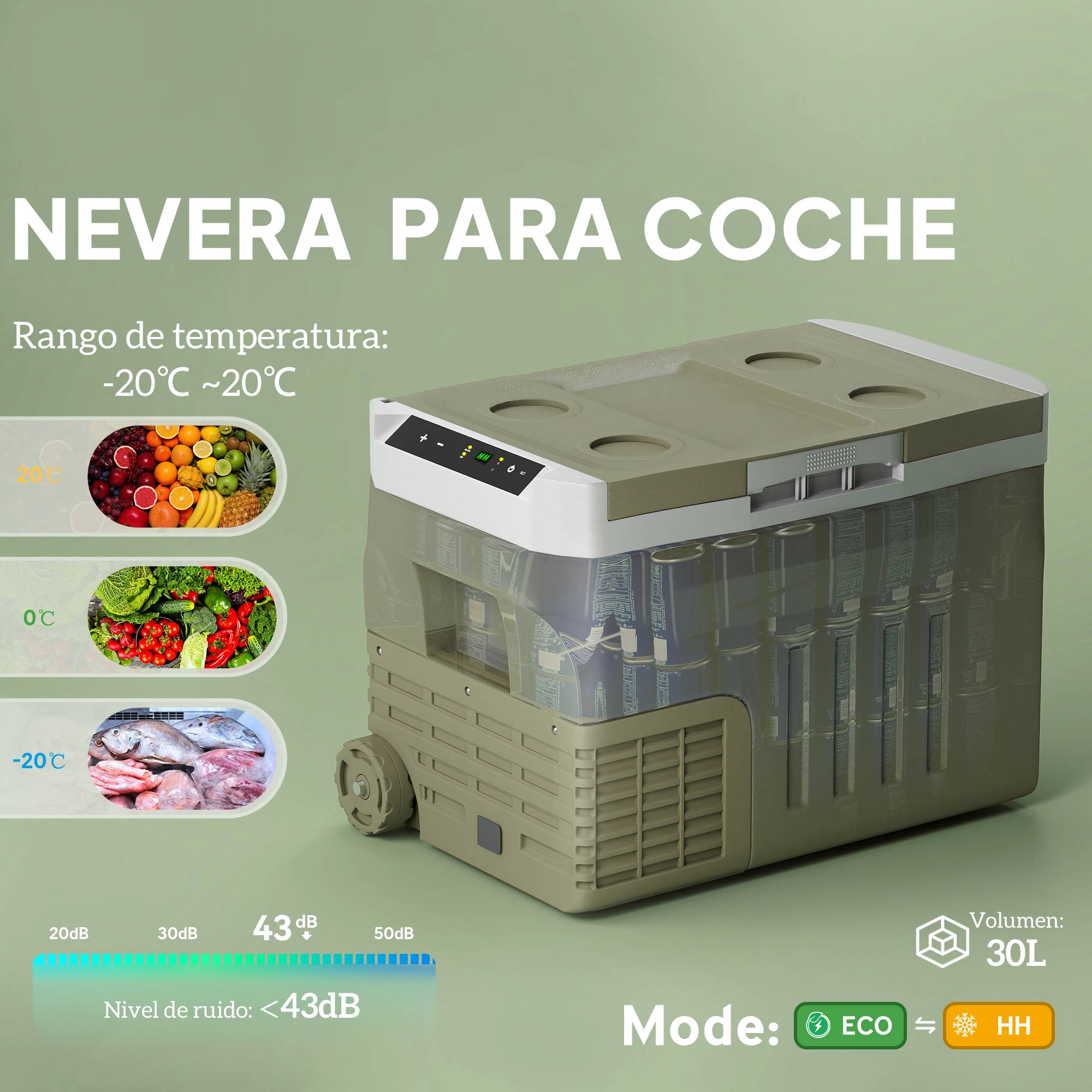 Réfrigérateur Portable Voiture 30 L 12/24 V -20 à +20 °C, Écran Tactile LED, Camping/Maison, 61 x 39 x 41,5 cm, Vert - Image 6