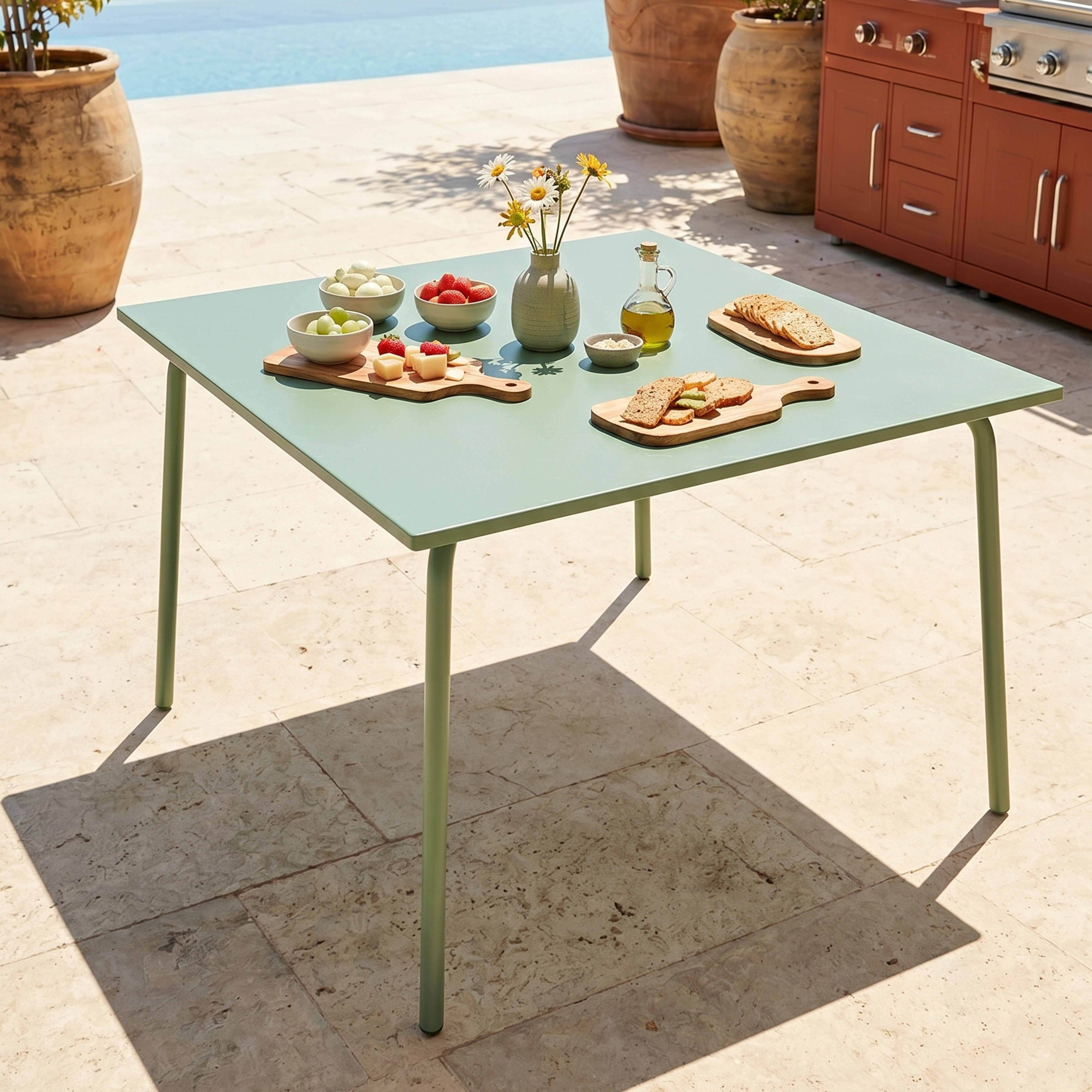 Oviala - Table de jardin carrée en acier 8 places 120 cm vert sauge Palavas - Oviala - Image 2