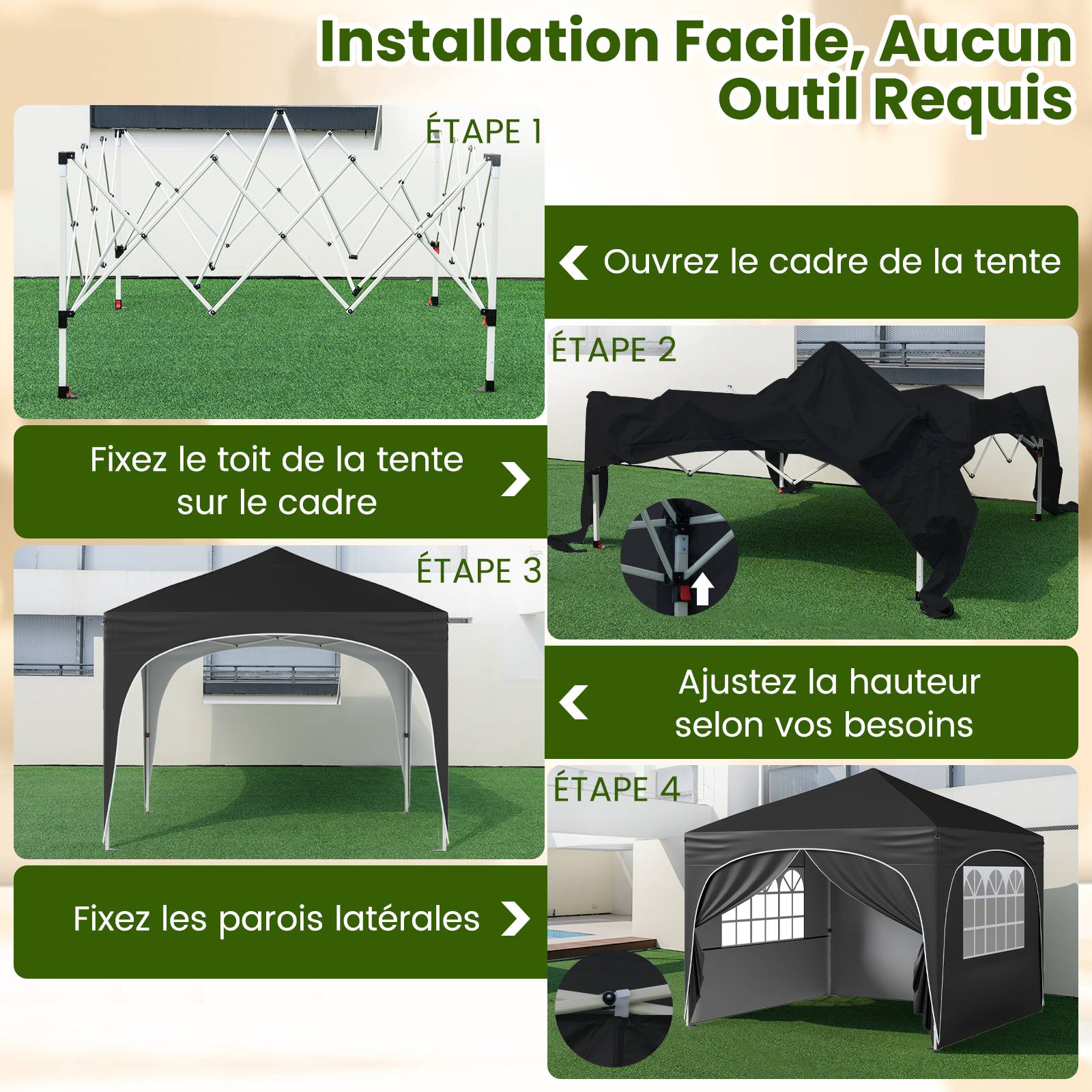 Costway - Tonnelle de Jardin 3x3M avec 4 Parois Latérales Amovibles, Tente de Reception Portable avec Sac à Roulettes, pour Fête Mariage BBQ, Noir - Image 4